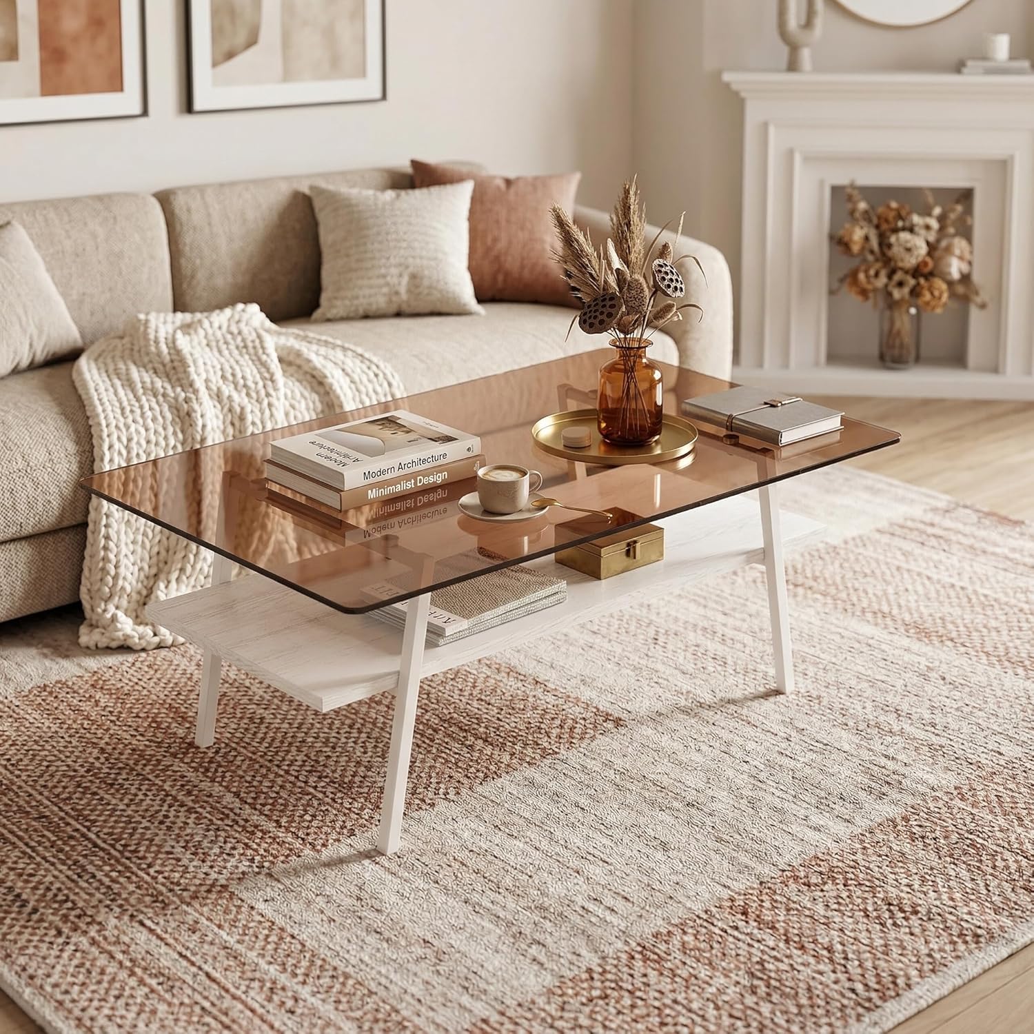 Casaphoria Rectangle Coffee Table, Modern Brown Tempered Glass Top Center Table with White Storage Shelf & Metal Legs, 2-Tier Living Room Furniture, 39 Inch, Easy Assembly