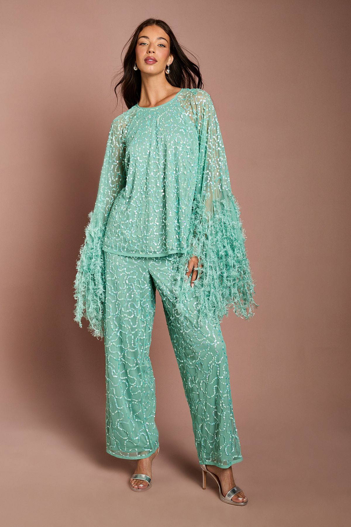 Coast Sequin And Feather Trim Cape Top