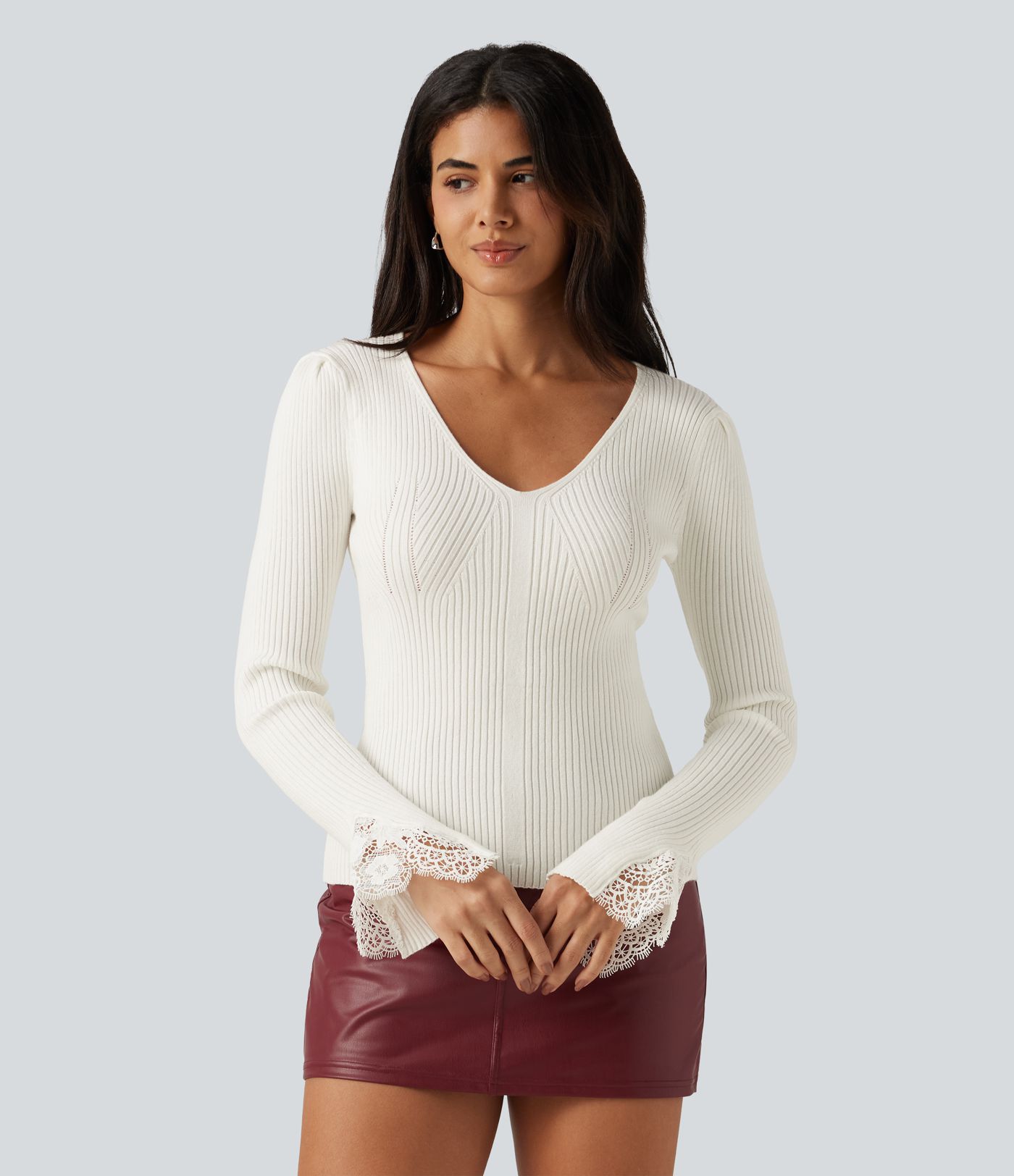 Pull de bureau à encolure en V, manches longues et dentelle contrastée