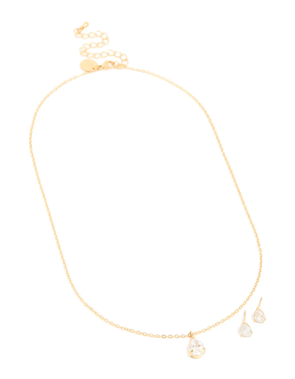 Gold Cubic Zirconia Pear Pendant Necklace & Stud Earrings Set