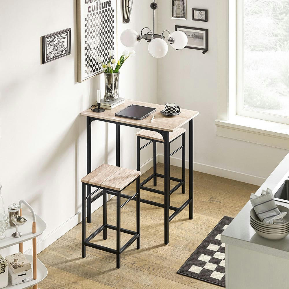 - Set de 1 table et 2 tabourets effet bois et métal noir