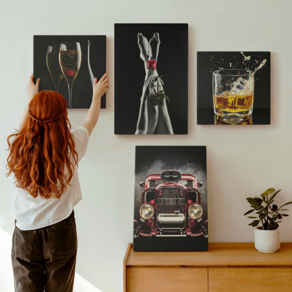 Obraz canvas 4 częściowy Nogi róża auto whisky |40x40, 40x60| Wallfluent