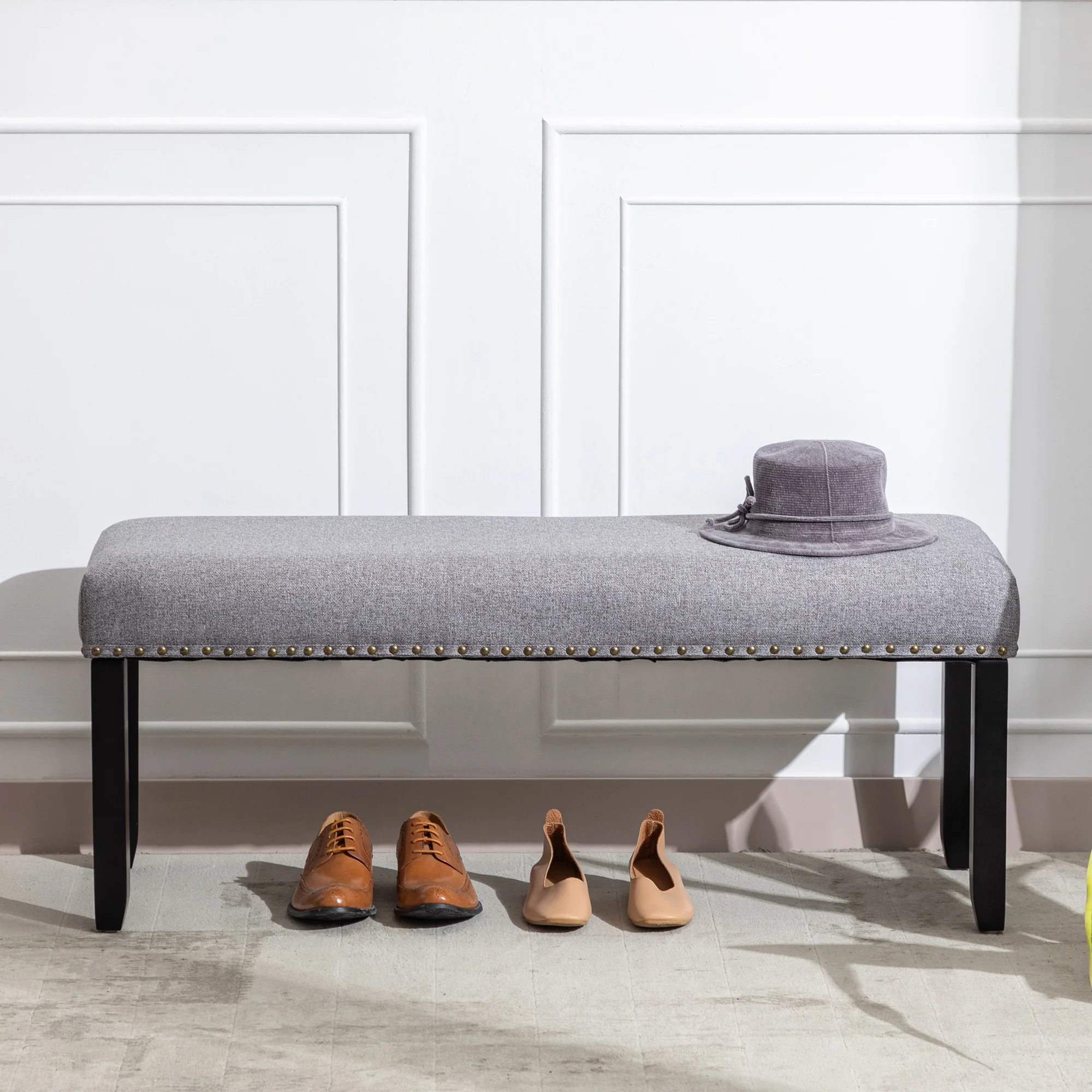 Modern 44 L Nailhead Trim Upholstered Bench with Wood Legs