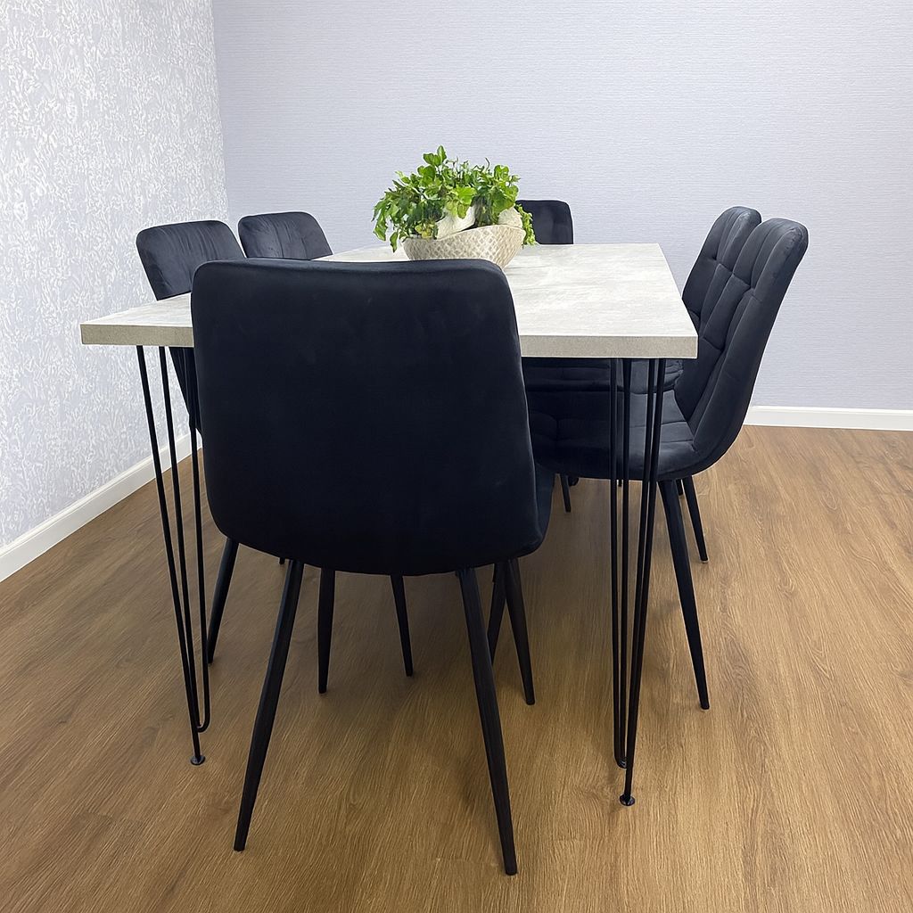 KOSY KOALA Dining Table With 6 Chairs Modern Grey Dining Table Set With 6 Black Velvet Chairs Dining Room Furniture