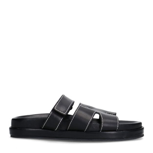 Zwarte leren slippers met klittenband