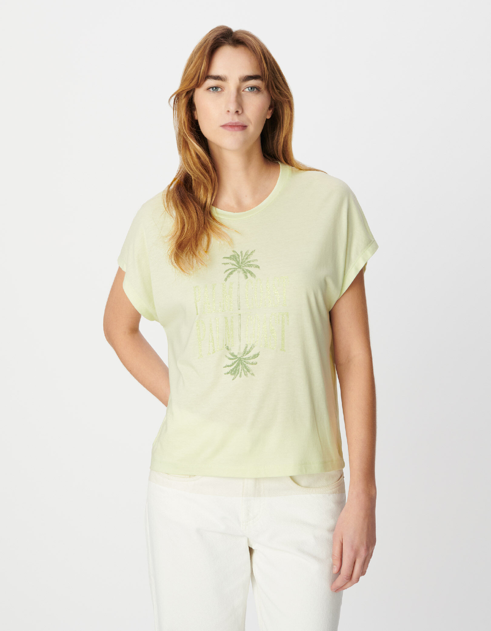 Tee-shirt vert visuels palmiers et message pailleté Femme