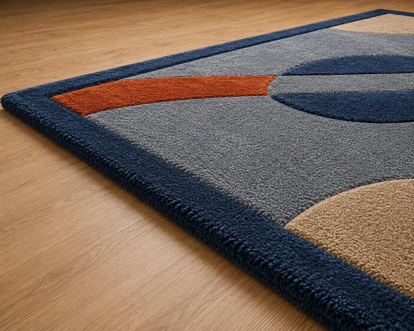 Handmade Fine Wool Geometric Rug, Modern Abstract Design, Navy Blue Rust Orange Beige (India)