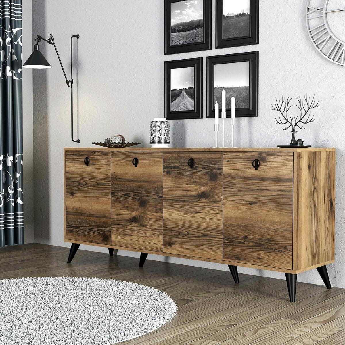 Buffet moderne 4 portes effet noyer, poignées à anneaux UMEA