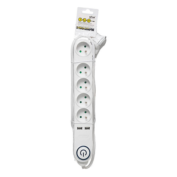 Multiprise 5 prises avec terre et 2 prises USB - Blanc- 5five