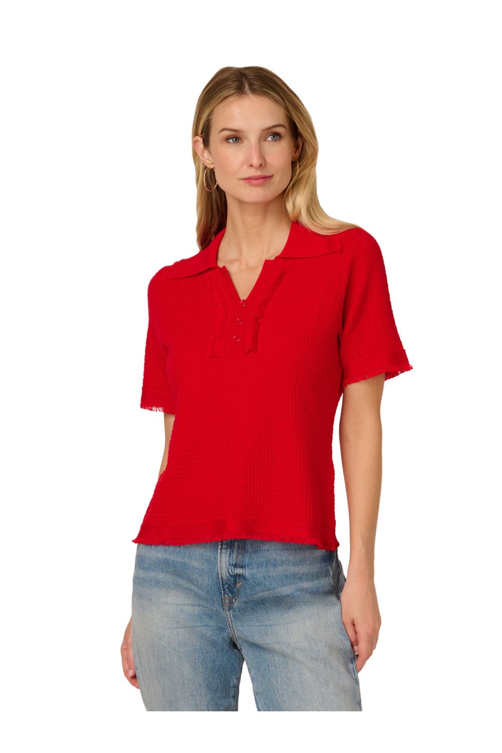Adrianna Papell Short Sleeve Button Front Polo Fray Edge Sweater