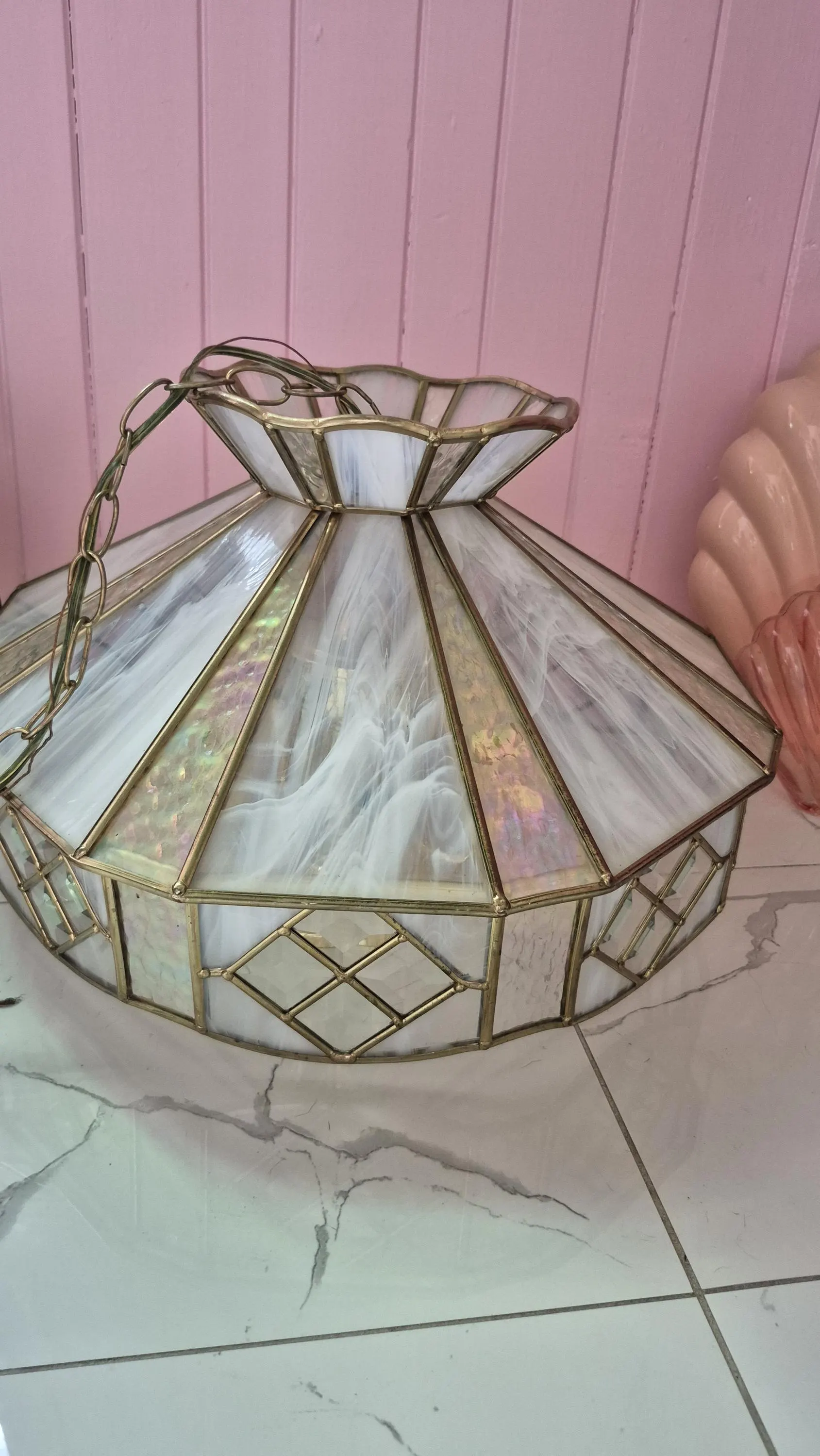 Vintage Elegant Iridescent Stained Glass Ceiling Pendant Bevelled Glass Diamond Shapes Very Impressive l 5 Branches l Tiffany Style