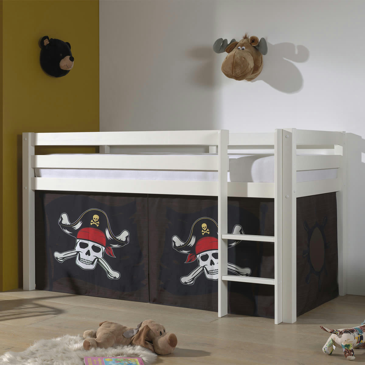 PINO - Lit mi-hauteur 90x200 sommier inclus housse pirate blanc