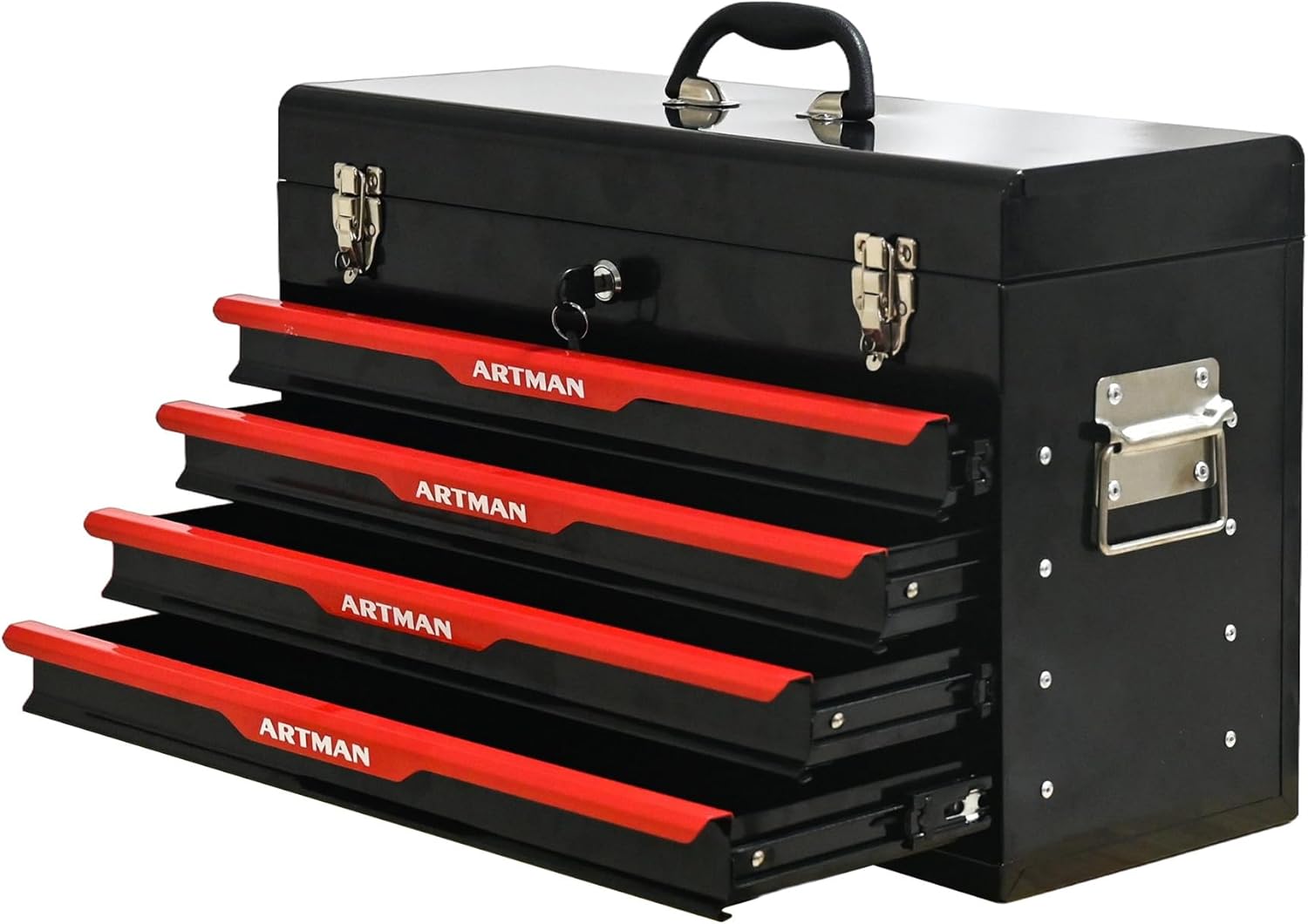 4 Drawers Tool Box, 21 Portable Steel Tool Chest with Top Tool Tray,Key Lock & Latch Closure,Liners,Handle,Ball Bearing Sides, Portable Tool Storage Organizer for Garage Workshop (Black)