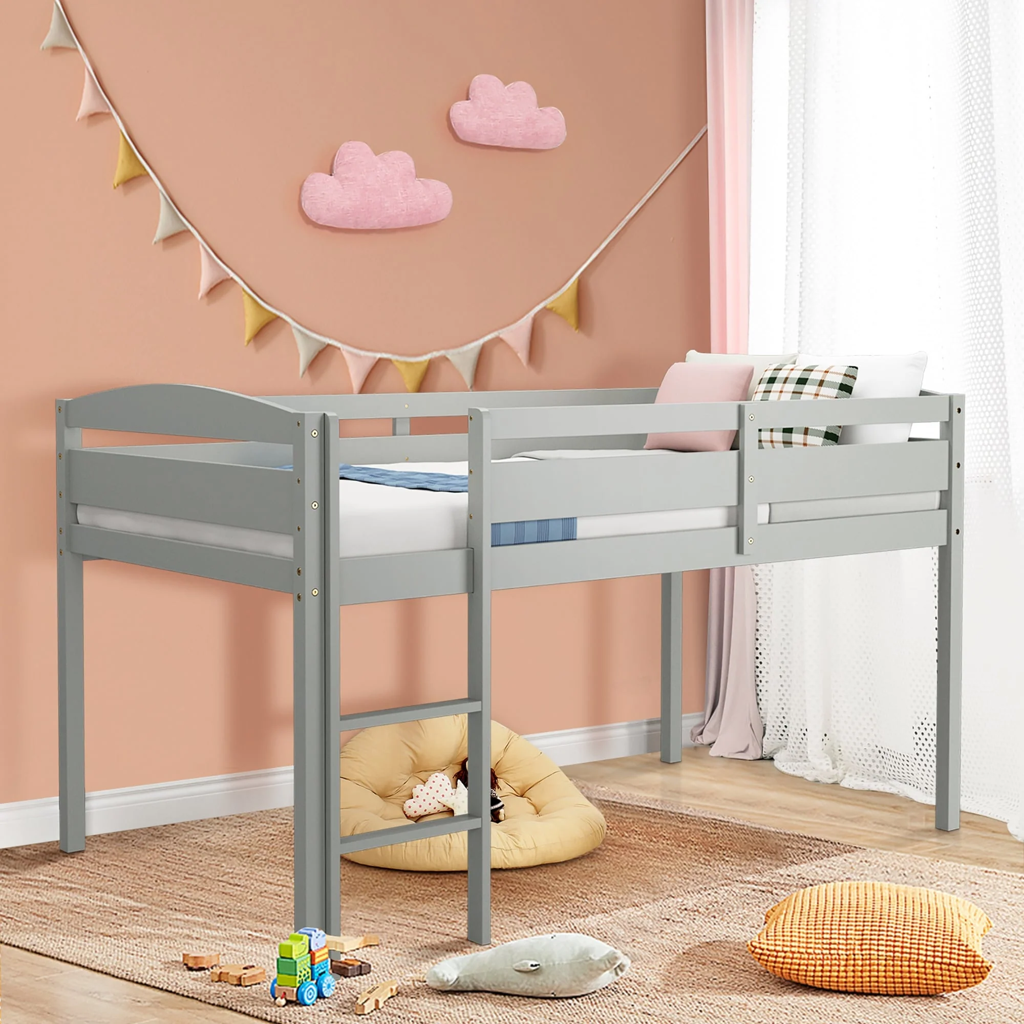 Gymax Twin Size Loft Bed Wooden Slats Support Loft Bed Frame w/ Ladder