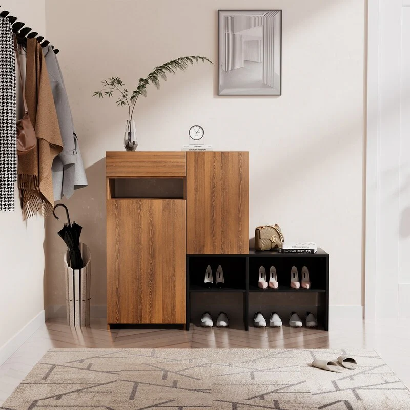 Modern Two-Tone Asymmetrical Shoe Storage Bench with Cabinet Doors – MDF Construction