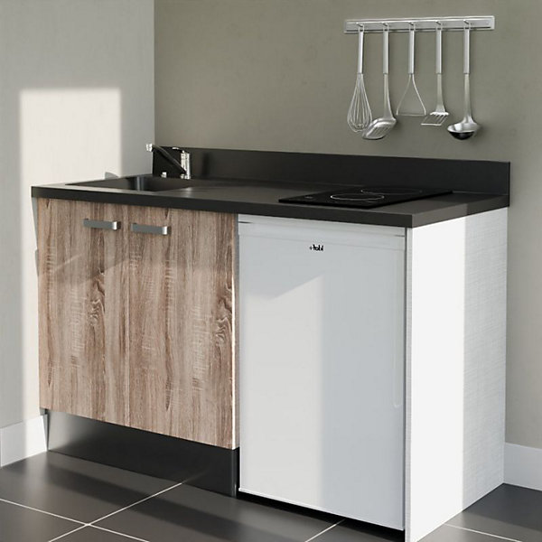 Kitchenette K17 - 140 cm - façades Bois - Plan monobloc en quartz coloris Nero évier à gauche - Electroménager Blanc