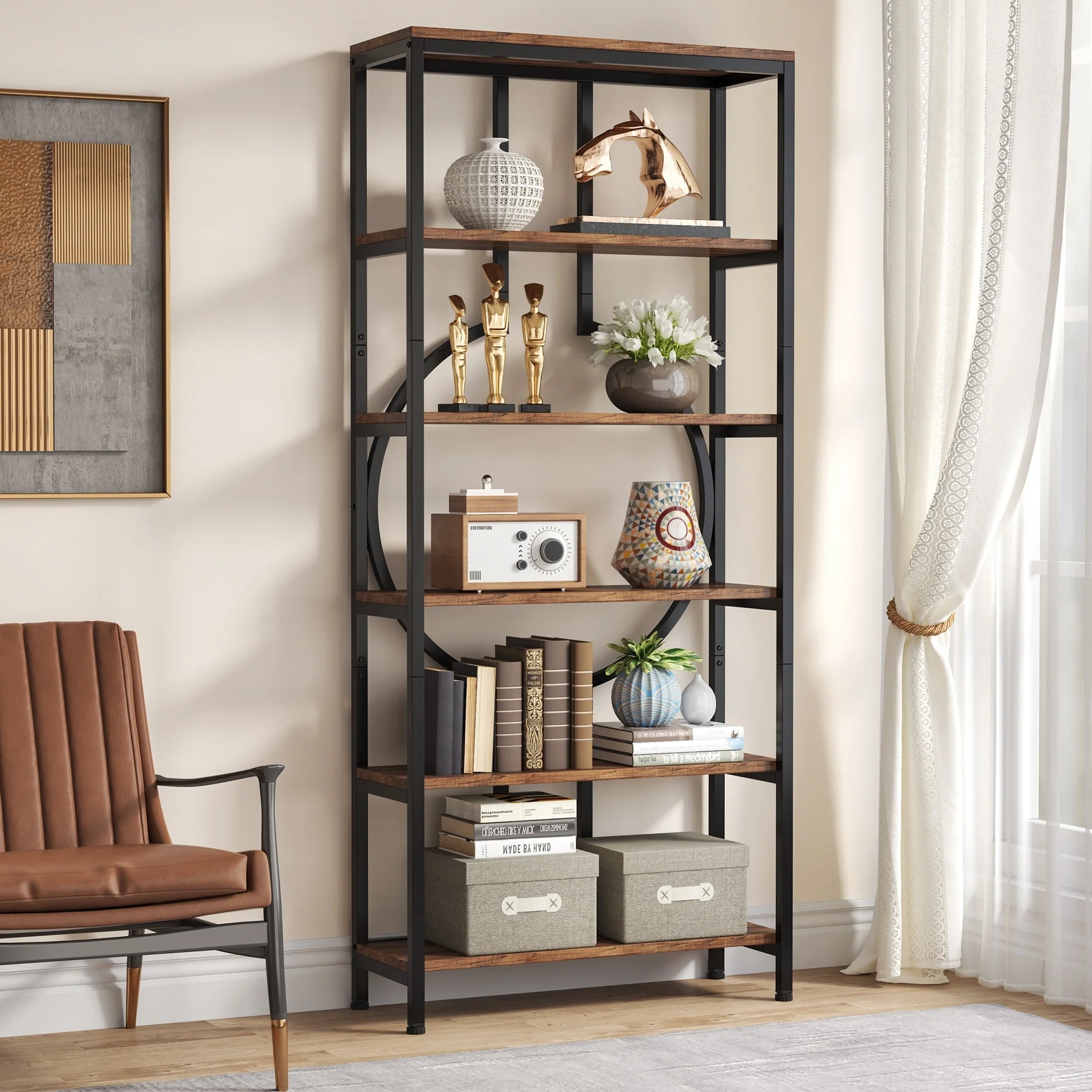 70.9H x 27.6W Industrial Geometric Bookcase, 6-Tier Tall Bookshelf, Wood Display Shelf Storage Shelves