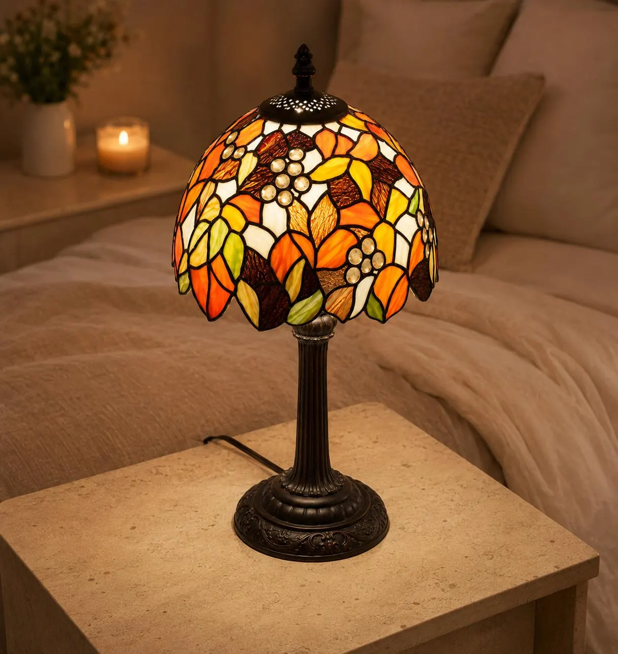 Vintage Stained Glass Table Lamp, Maple Leaf Bedside Light, Botanical Desk Lamp, Warm Amber Reading Lamp, 8 Inch Shade