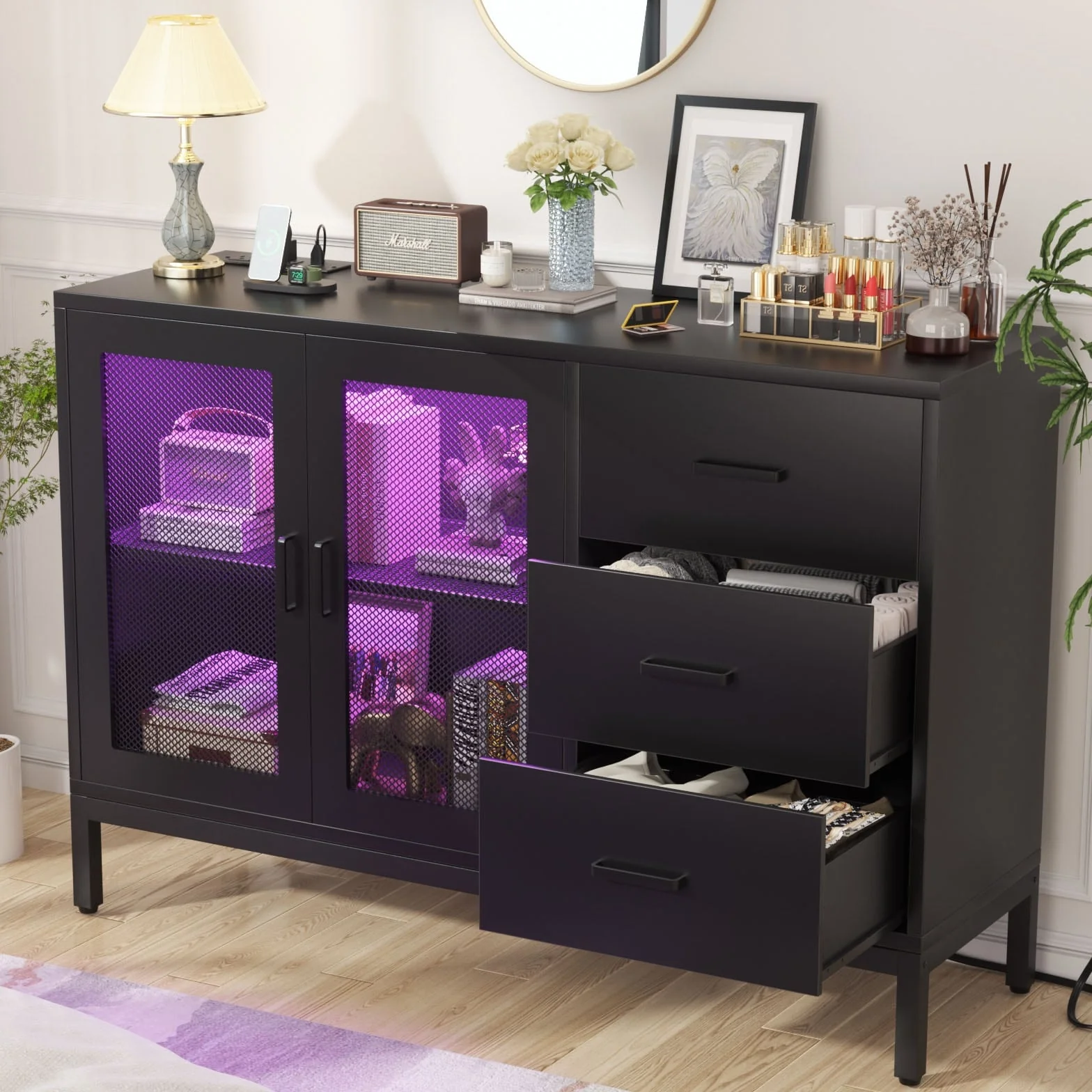 Sideboard Buffet Storage with USB Port and LED Lights, Bar Cabinet with Drawers - 45.27'' W
