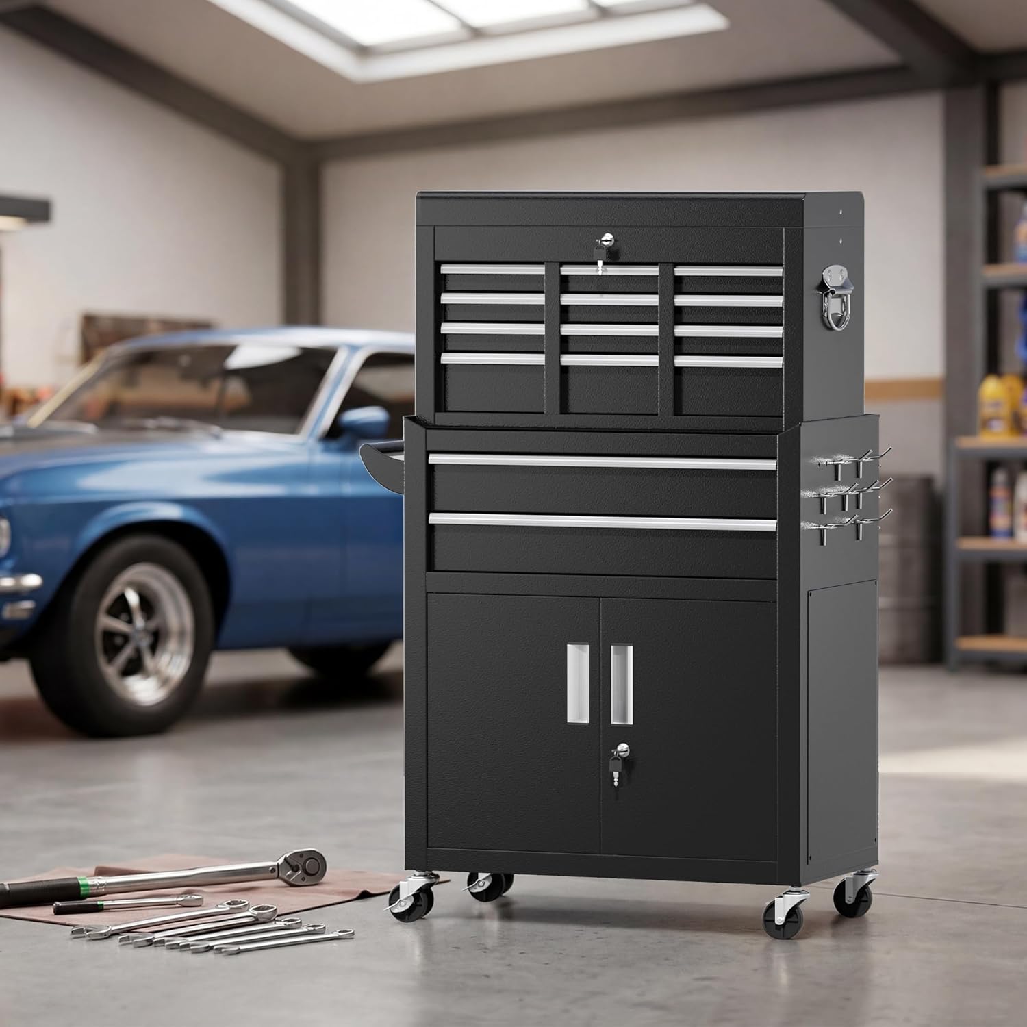 Greenvelly Metal Tool Chest,8-Drawer Rolling Tool Cart with Wheels,2 in 1 Detachable Tool Cabinets,Tool Box,Liners and Locking System for Garage,Warehouse,Workshop, Barbershop(Black)