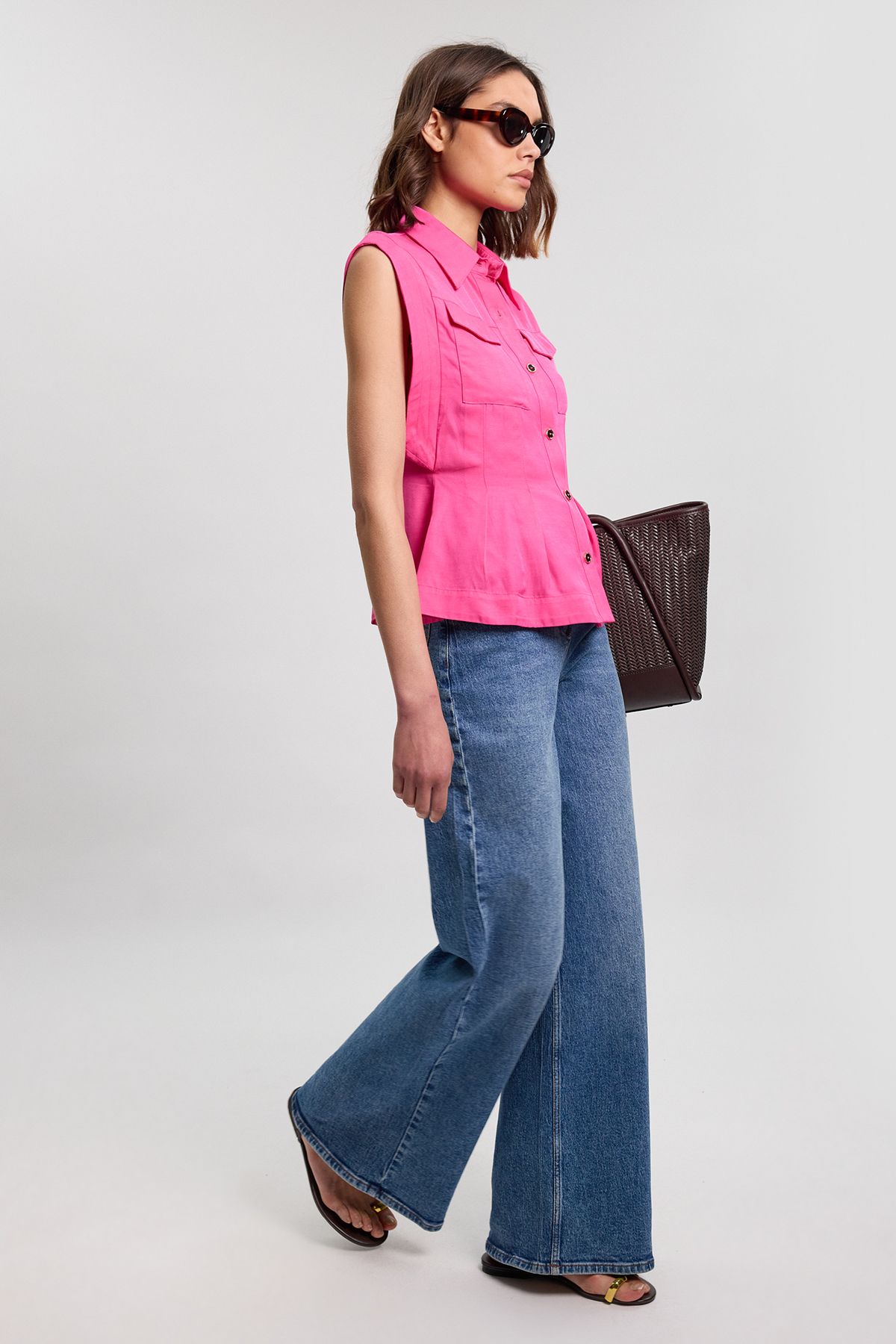 KarenMillen Premium Viscose Linen Topstitch Woven Blouse With Waist Seam Detail