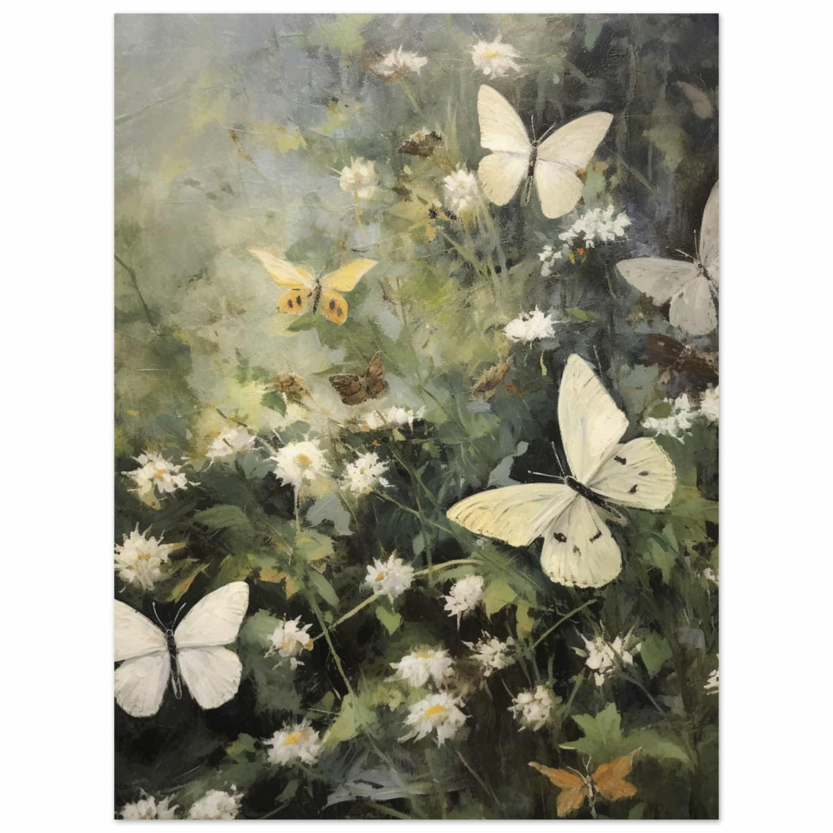 Artfulprints Poster Butterflies in flowerfield  - 30x40 cm - Donkergroen