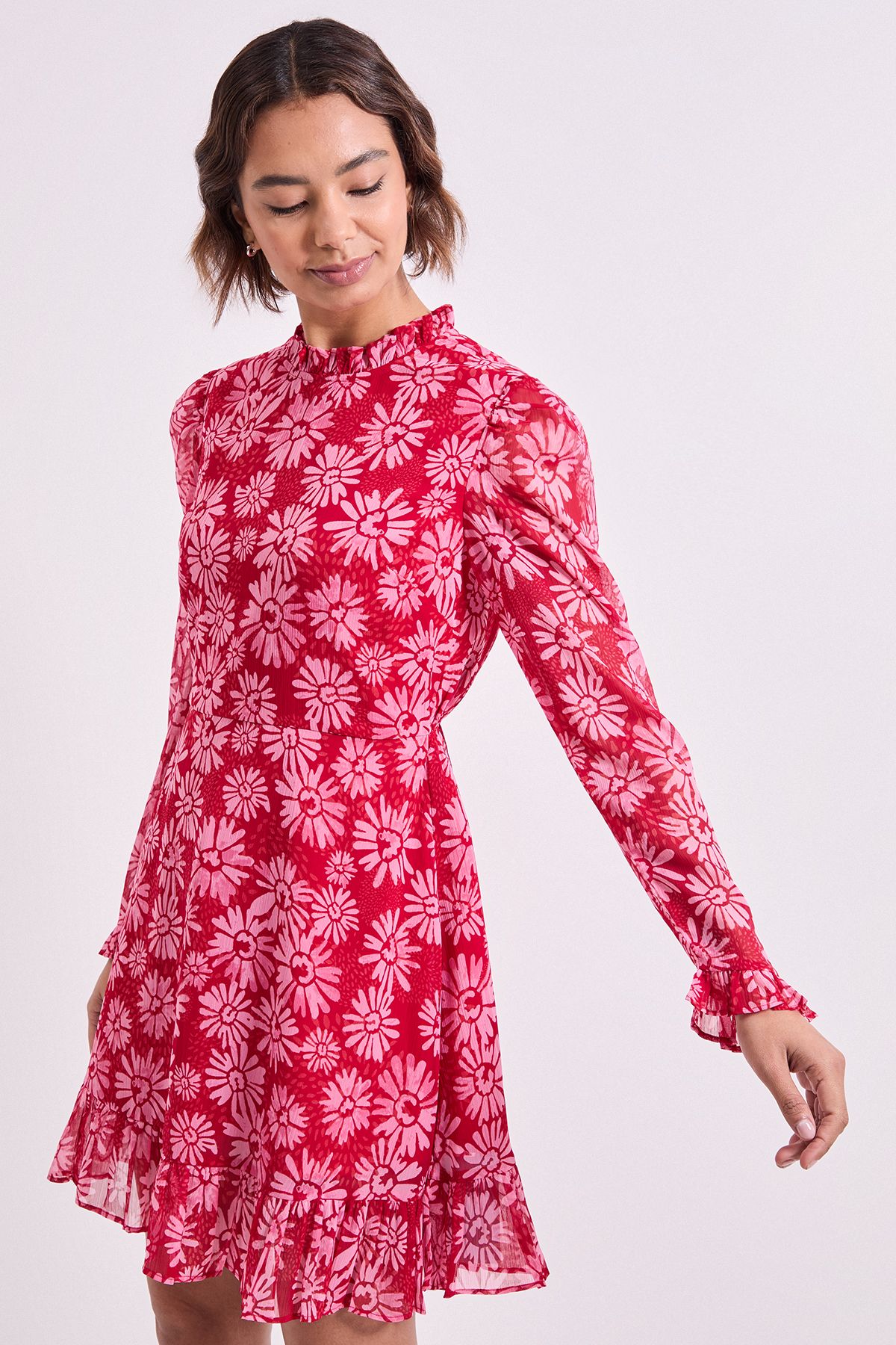 Dorothy Perkins Pink Daisy Frill Neck Printed Mini Tea Dress