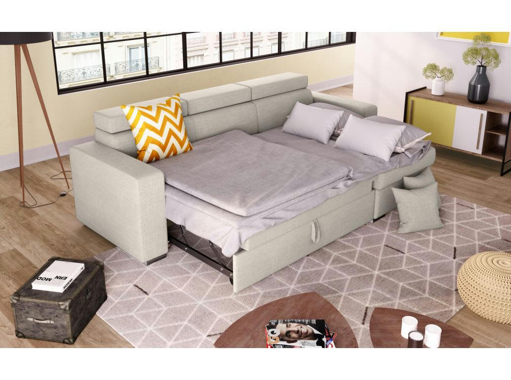 LESLIE - Canapé d'angle convertible et Réversible en Tissu - Beige