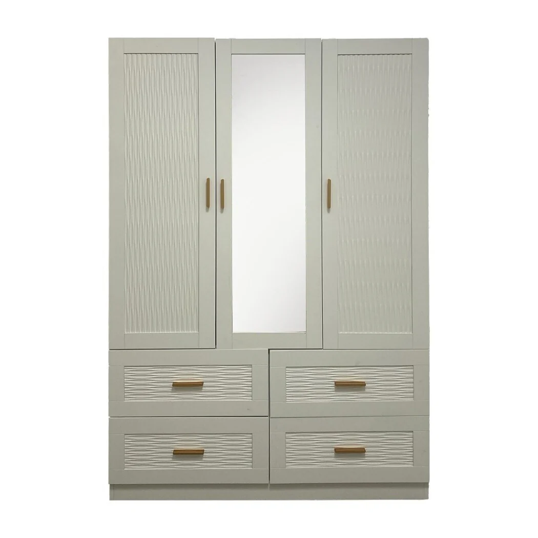 HomeRoots 75 White Ribbed Texture Wood Mirrored Three Door Four Drawer Combo Dresser