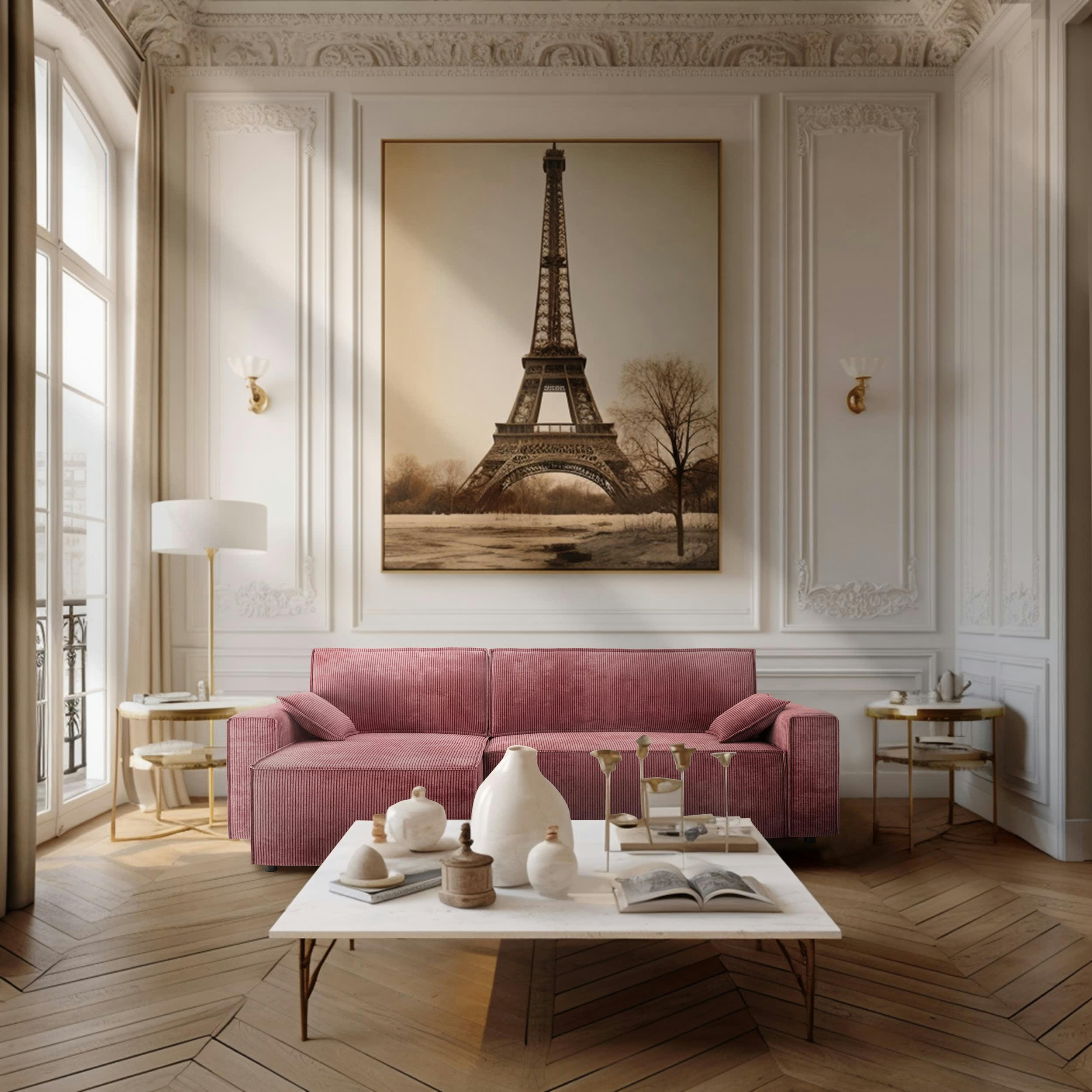 DURIF - Canapé d'angle convertible 4 places en velours côtelé vieux rose