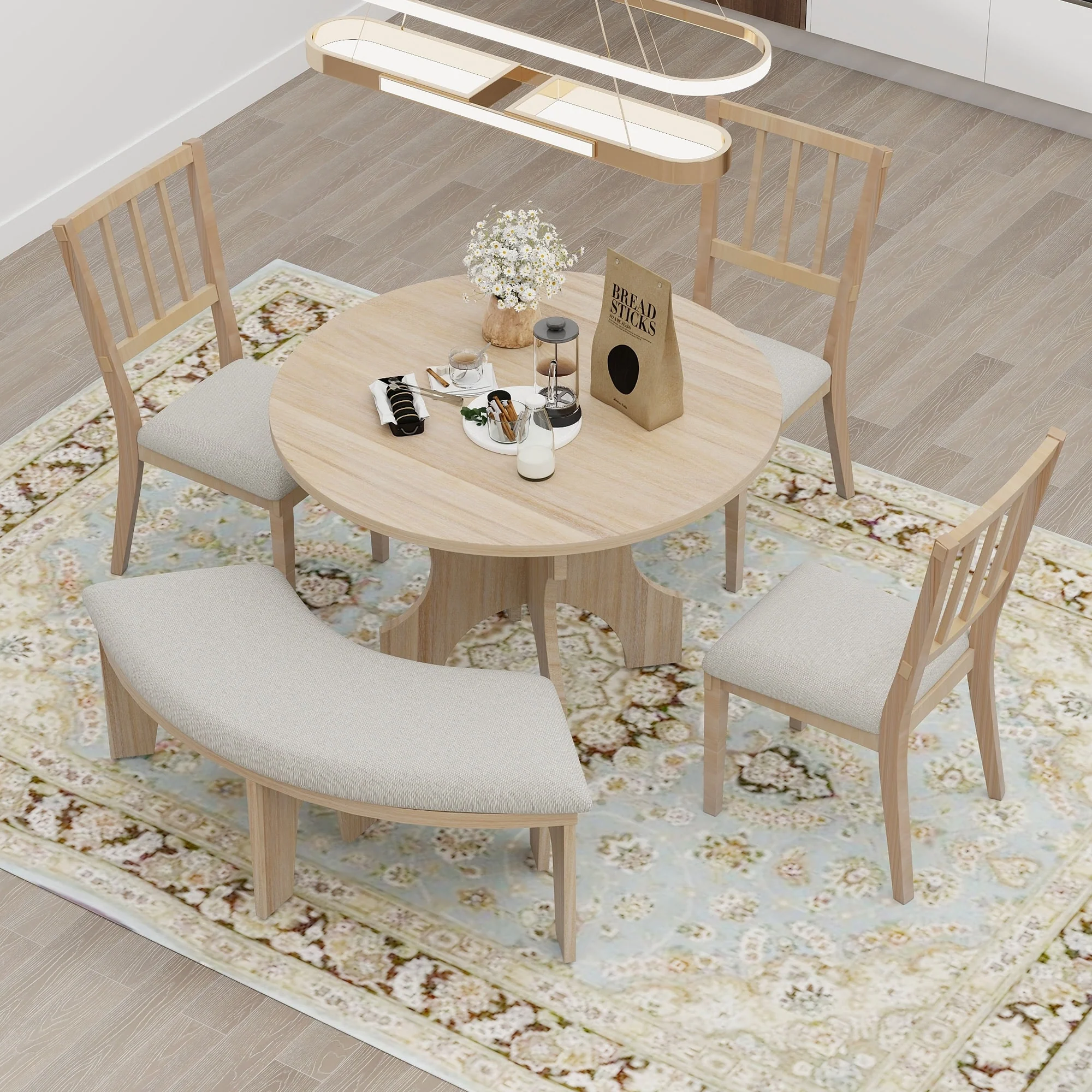 Rustic Style 5-piece Dining Set with Round Table, 3 Upholstered Chairs and Side Chairs