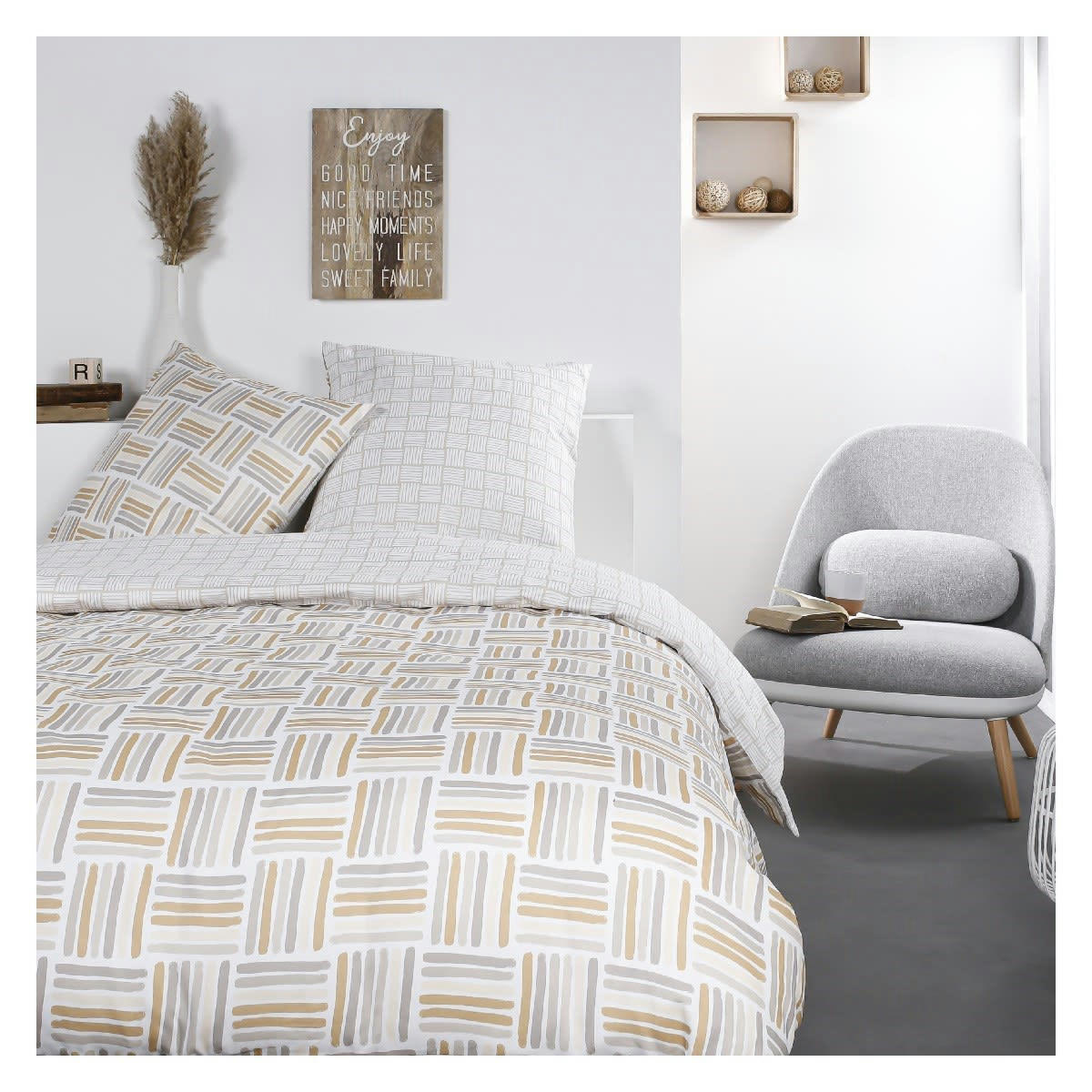 MAWIRA - Parure de lit zippée 2 personnes imprimé en Coton Beige 240x220 cm
