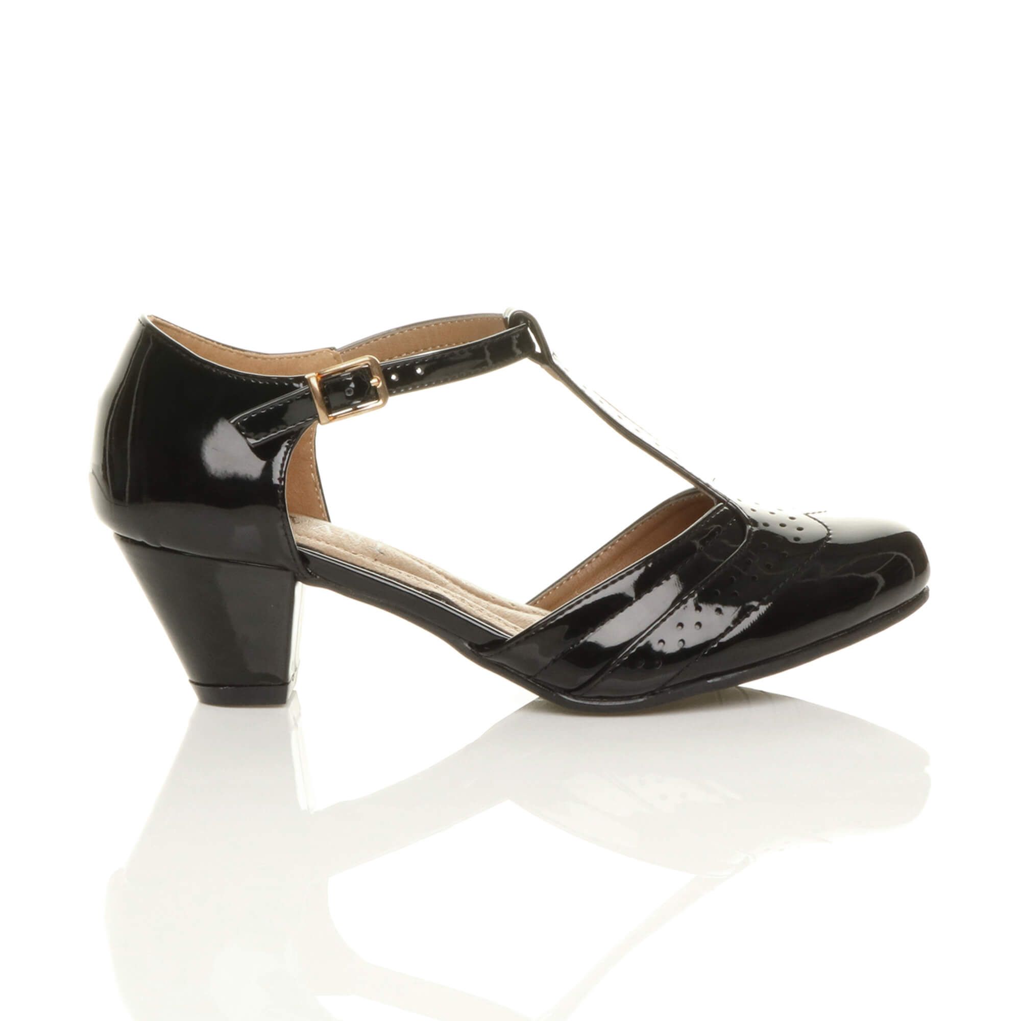 AJVANI Mid Heel Comfort T-Bar Brogue 2 Part Heels