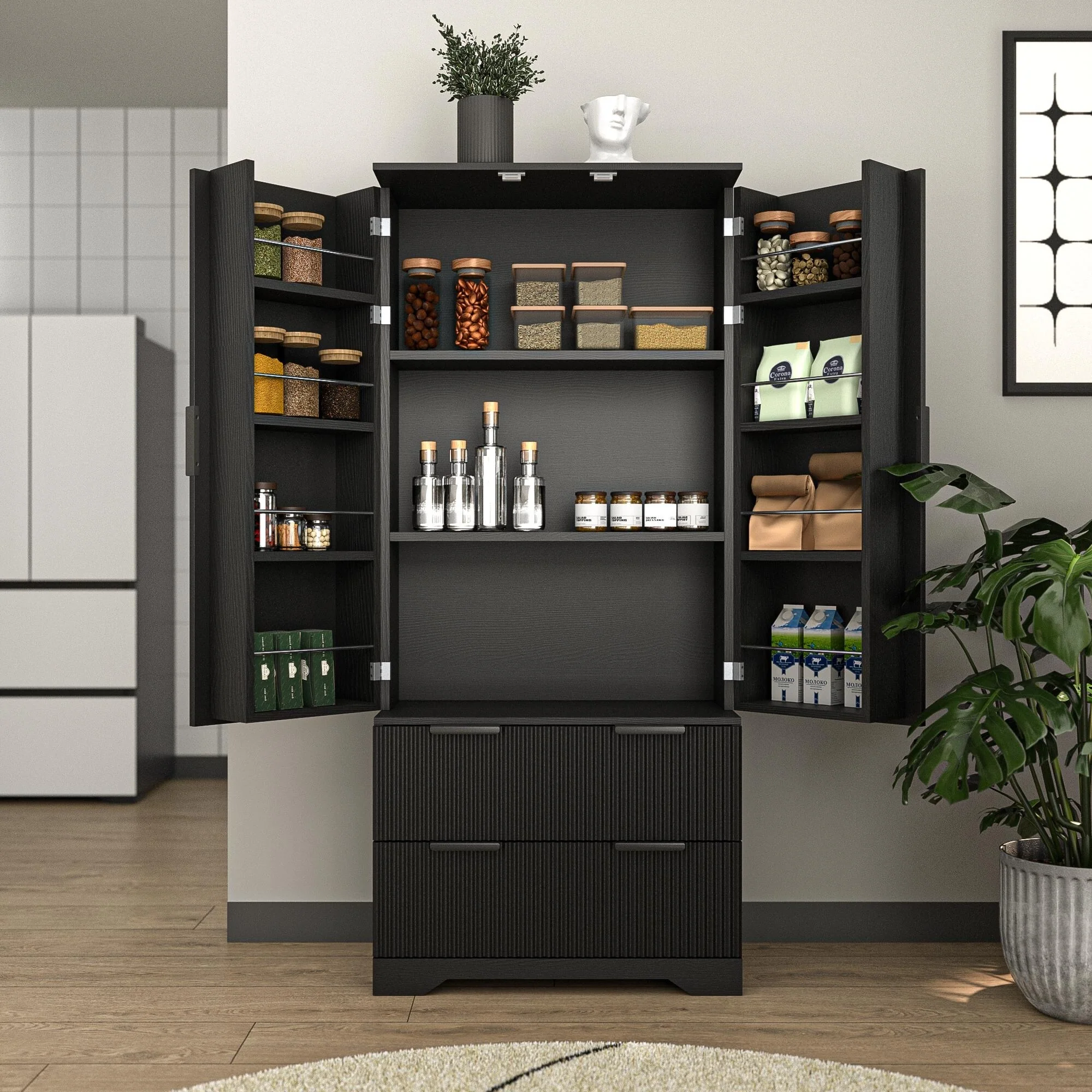 72 Tall Kitchen Pantry Cabinet with 2 Large Drawers & Spice Rack, Kitchen Cupboard with Adjustable Shelves