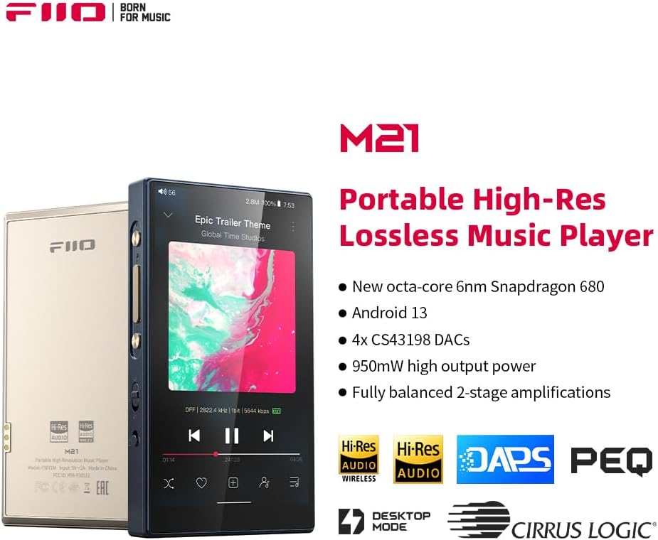 FiiO M21 Android 13 Portable Music Player MP3 Walkman Snapdragon 680 4* CS43198 DAC Chips Hi-Res Audio DSD Bluetooth LDAC (Blue-Black)