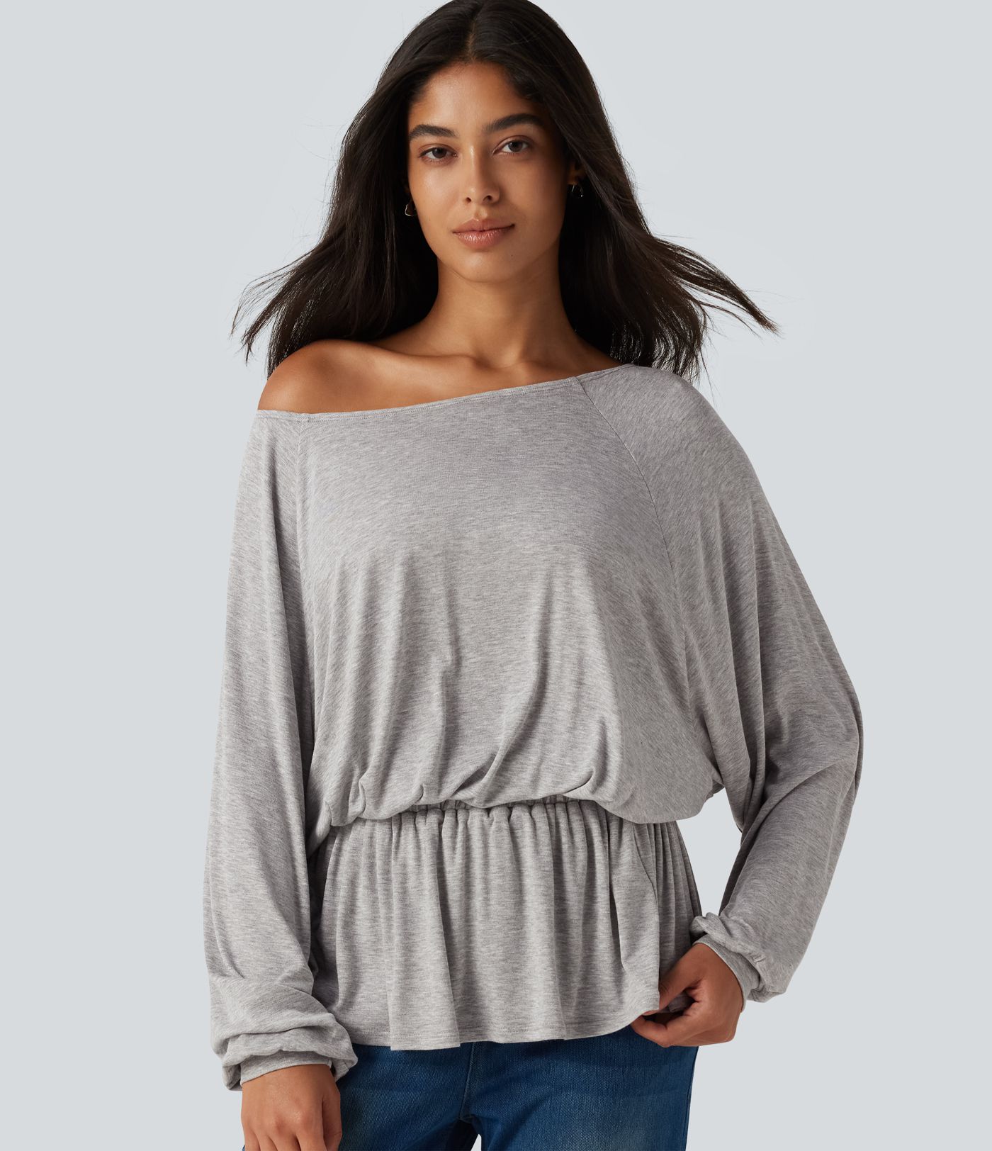 T-shirt côtelé à encolure bateau, fronces et manches longues chauve-souris
