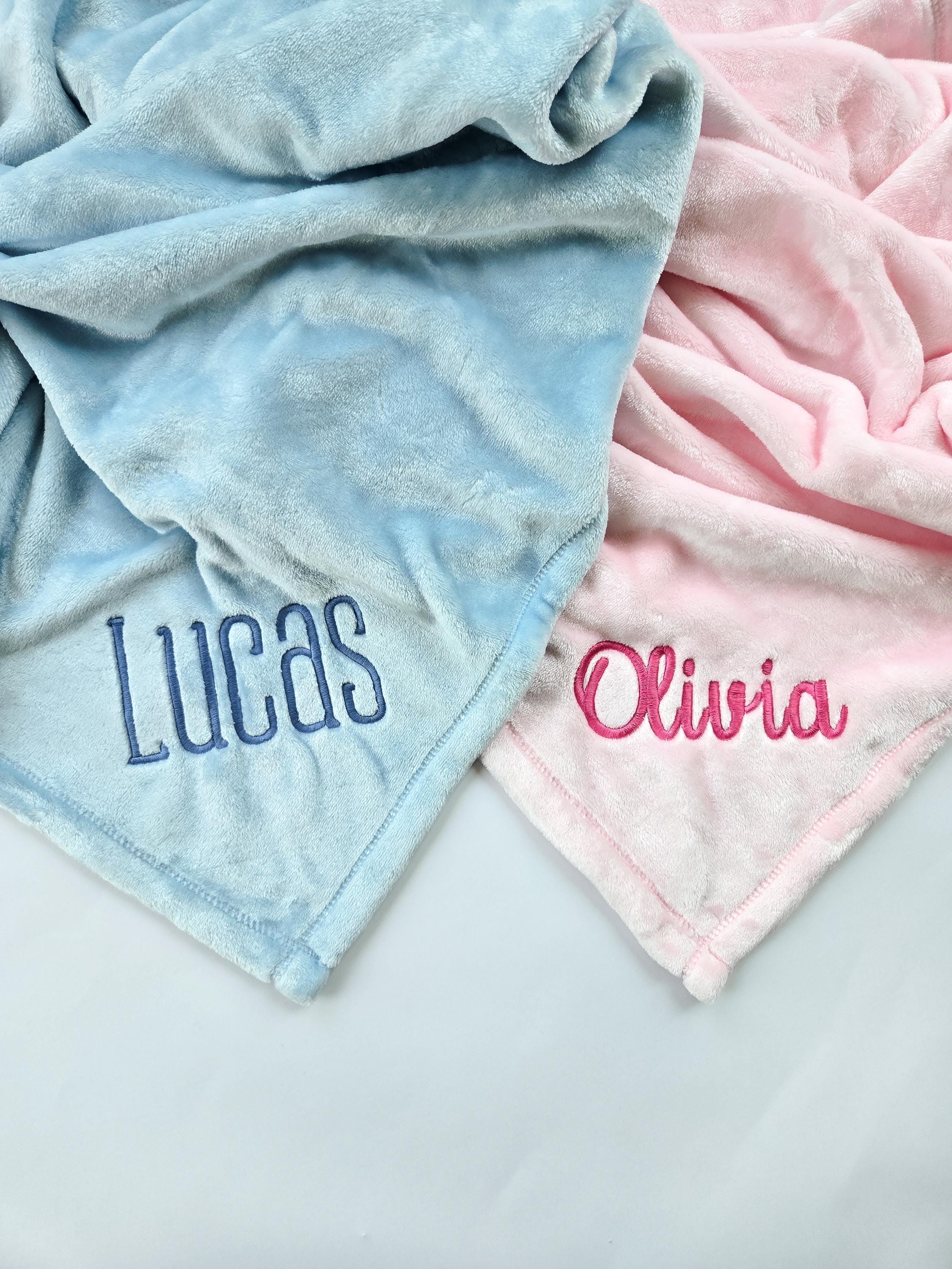 Custom Name Blanket for Baby Boy or Girl, Embroidered Blue Fleece Blanket for Baby Shower Gift