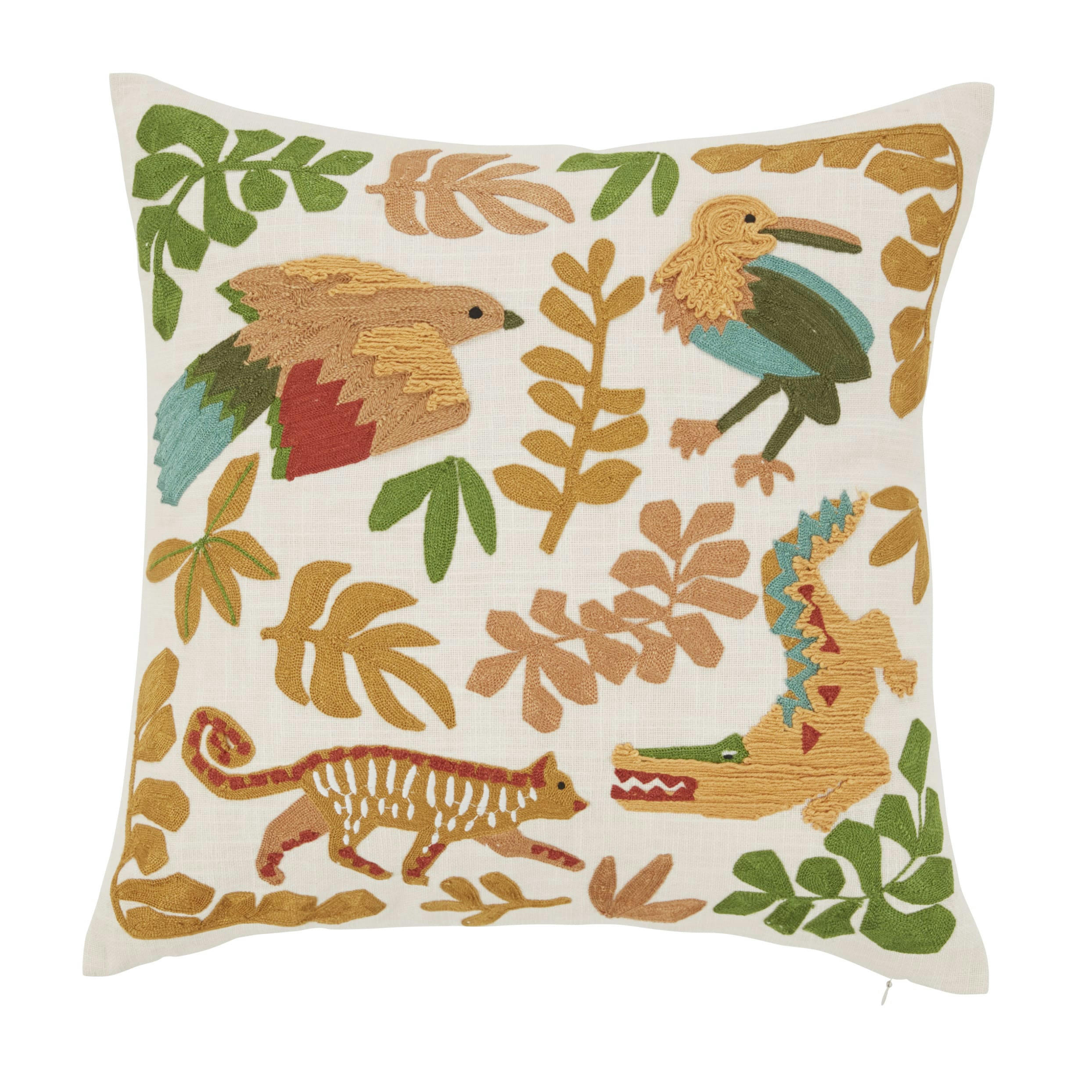 FINANA - Coussin en coton recyclé brodé motif jungle multicolore 45x45