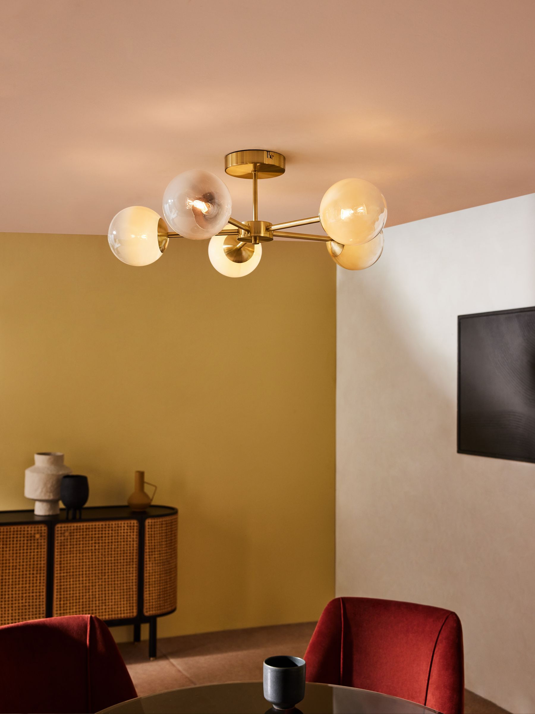 Globe 5 Light Flush Ceiling in Brass/Green Ombre