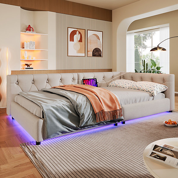 Lit Banquette 90x200 cm - Lit Simple Capitonné avec Ports USB Type-C et éclairage LED - Sans Matelas - Beige