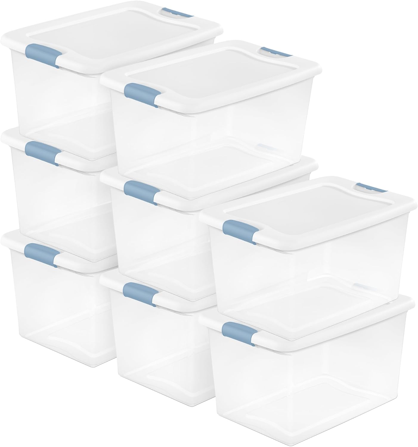 Sterilite 8-Pack 64 Quart Latching Box, Clear Plastic Storage Organizer Bins with White Lids - Large Stackable Containers for Home Bedroom, Dorm Room, and Closet Organization