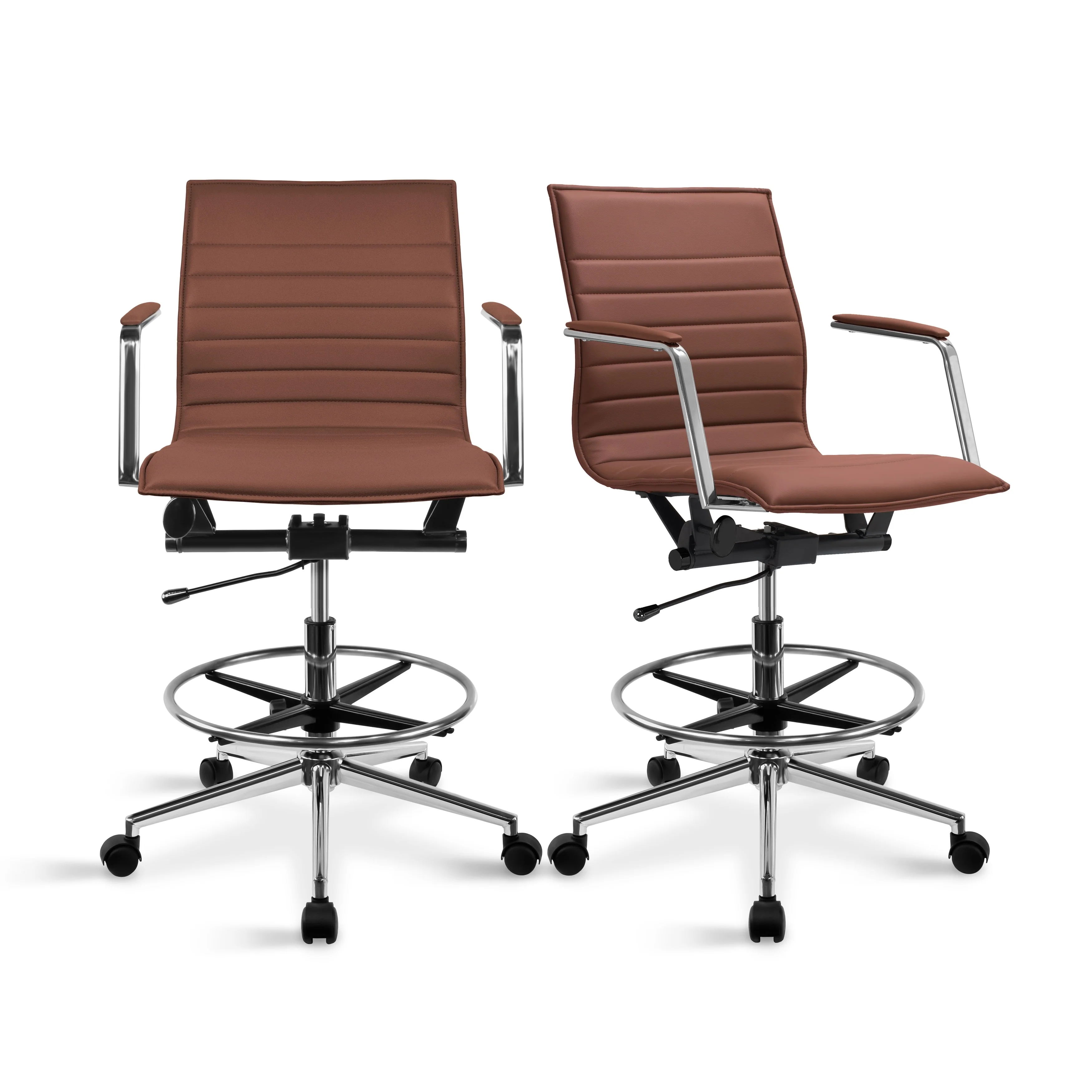 Set of 2 Modern Drafting Chair Upholstered PU Leather Ribbed Mid Back with Tall Adjustable Rest Computer Armchair