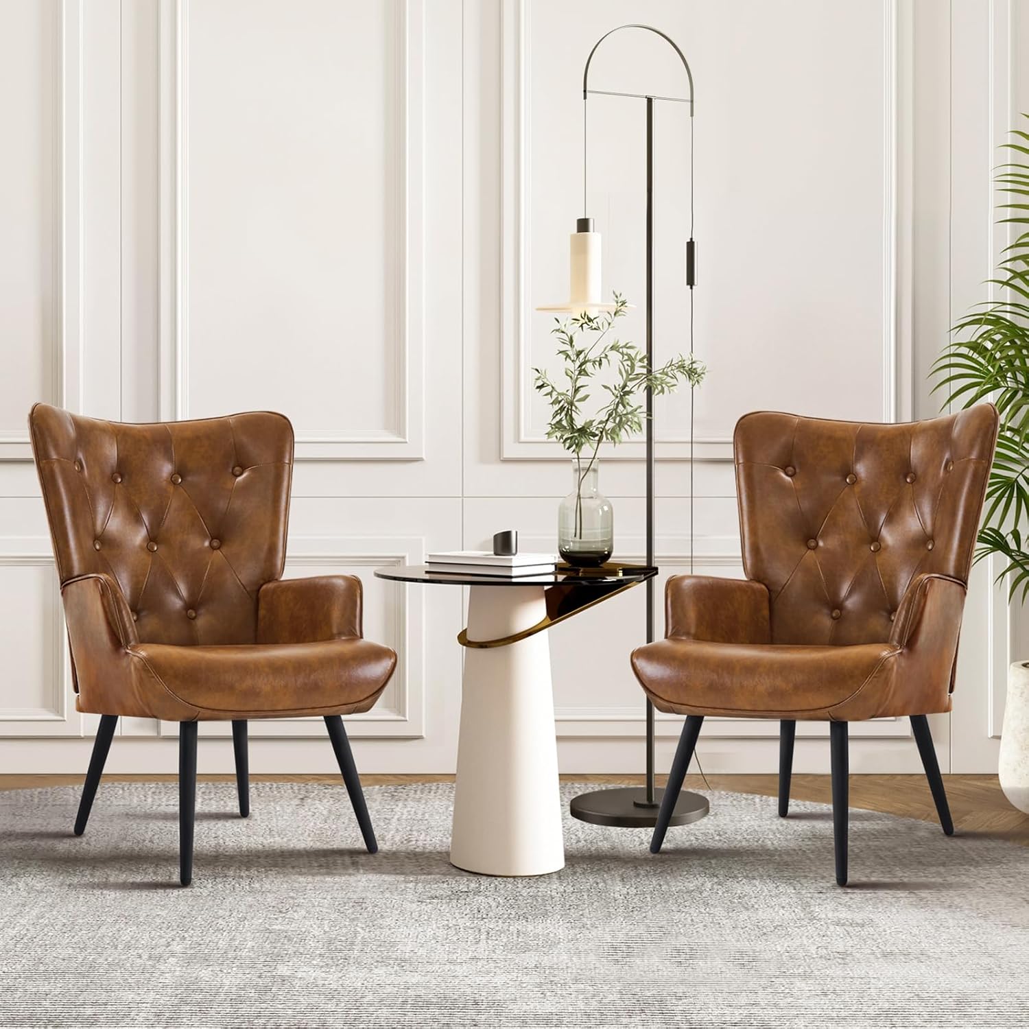 Furnimart Accent Chairs Set of 2, Brown PU Leather Reading Armchair with High Backrest, Wingback Corner Chair Mid Century Modern for Living Room, Bedroom, Waiting Room
