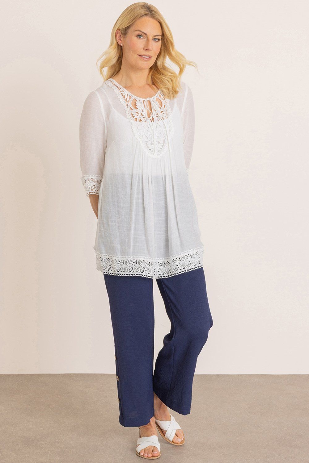 Klass. Lace Trimmed Tie Neck Top