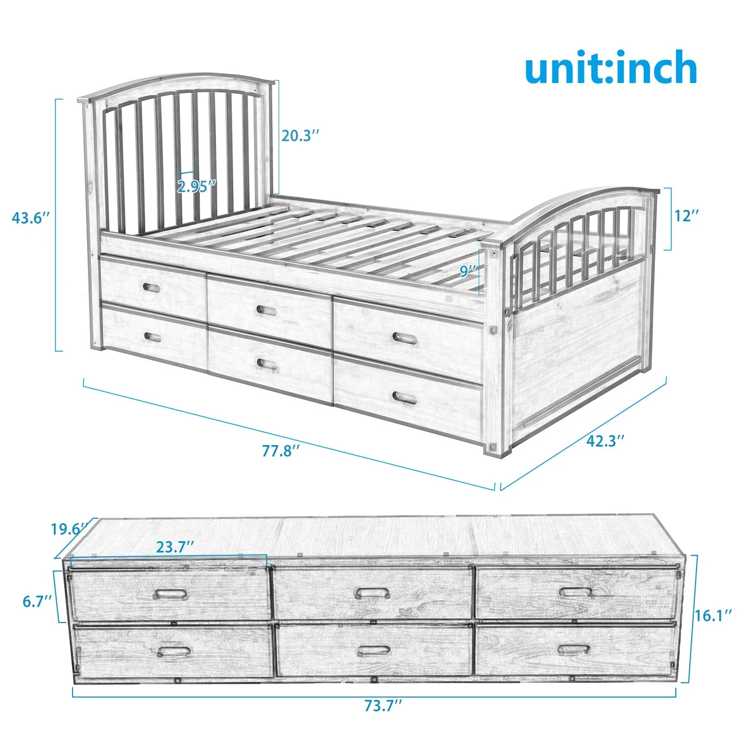 Sturdy Twin Bed Frame with Drawers and Slat Support, Ideal for Kids
