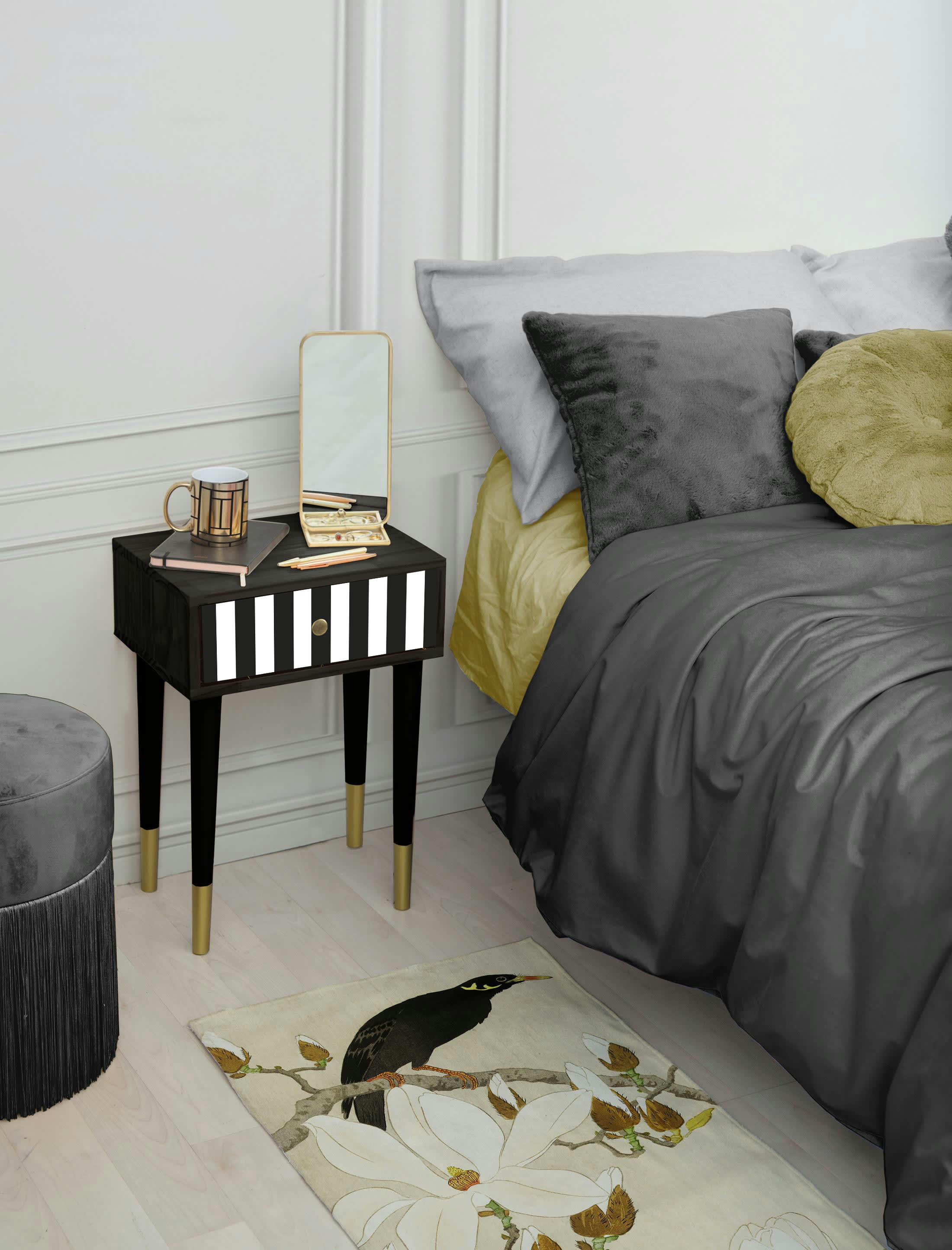 GOLDENDETAIL - Table de chevet en MDF imprimé à franges blanches et noires.