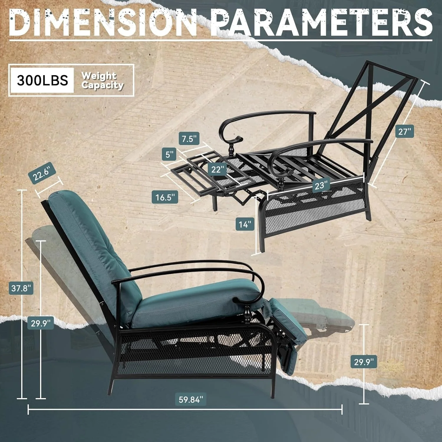 2 Piece Outdoor Metal Patio Adjustable Recliner Lounge Chairs with Retractable Steel Frame and Removable Thick Cushion