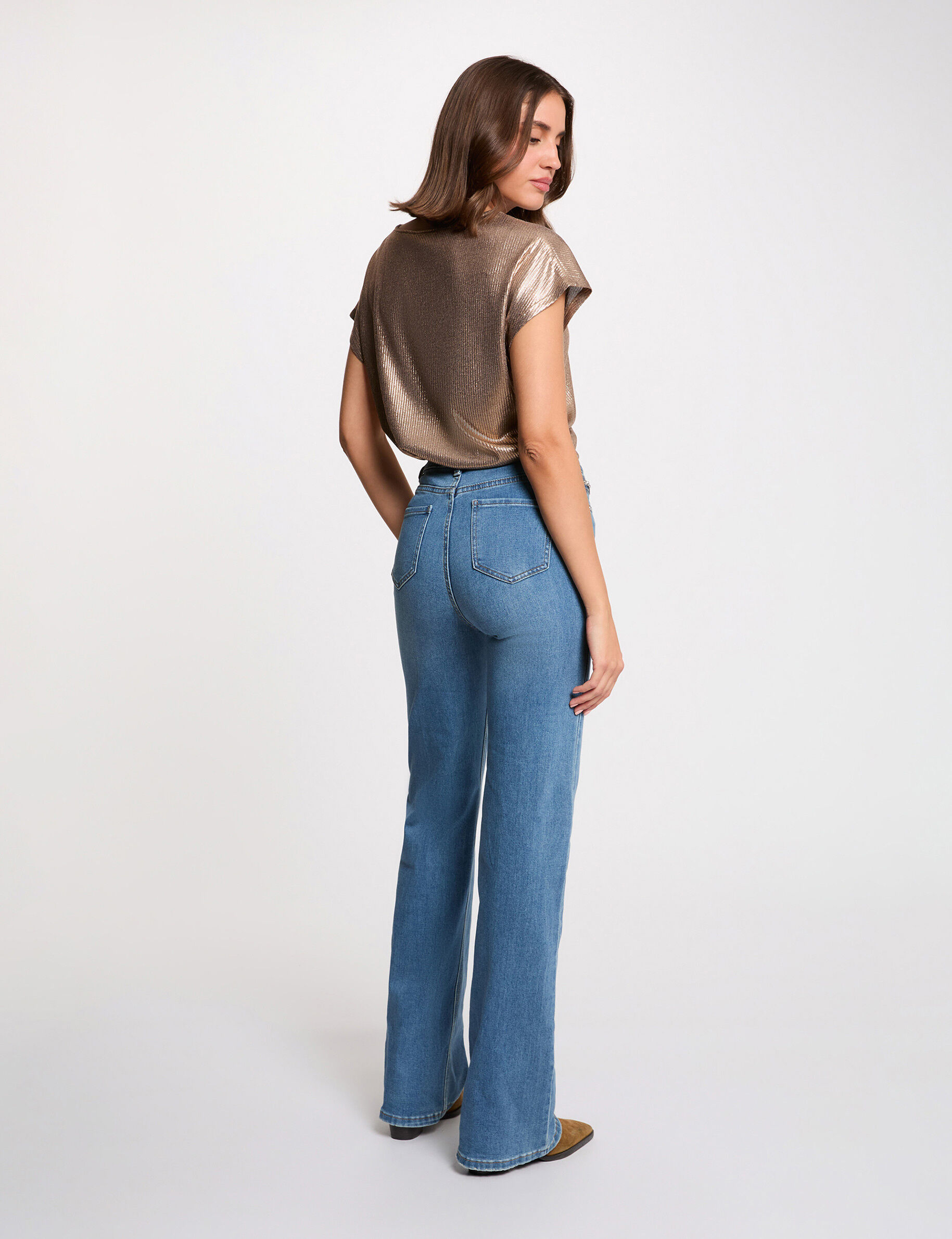 Ribbed V-Neck T-Shirt Bronze Color Women