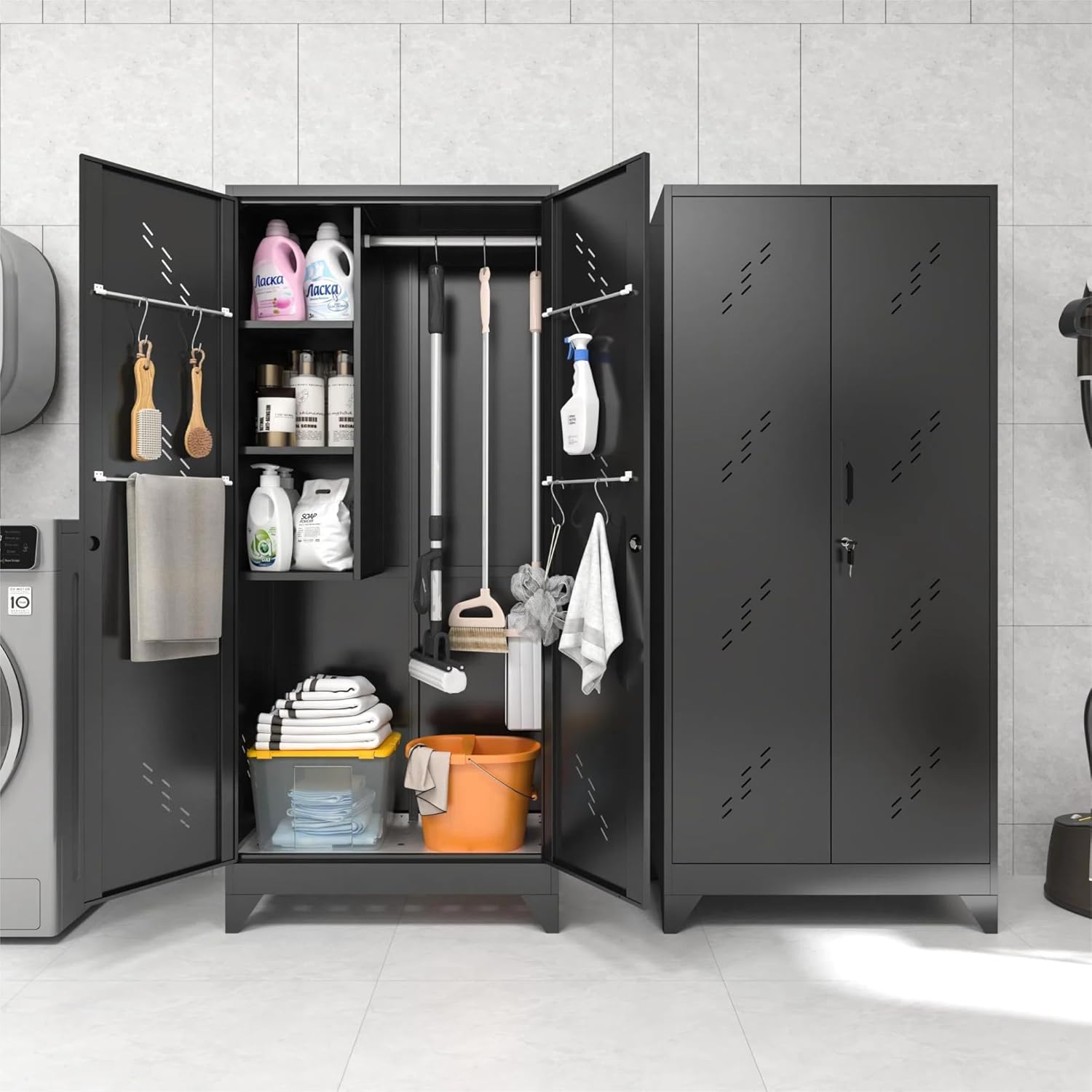 75 Metal Storage Cabinet with Lockable Doors, Functional Garage Storage Cabinets, Heavy-Duty Tool Organization Cabinet with Hanging Rod & S-Hooks (75 Utility Closet)
