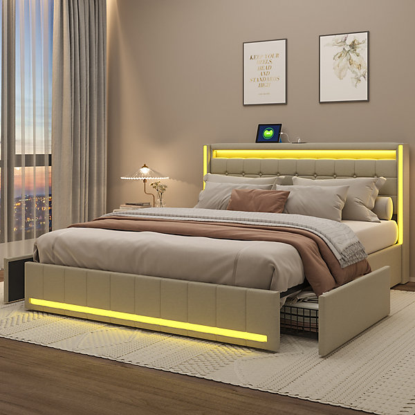 Lit double capitonné 140 x 190 cm, avec tête de lit et éclairage LED, 4 tiroirs, tissu lin, beige